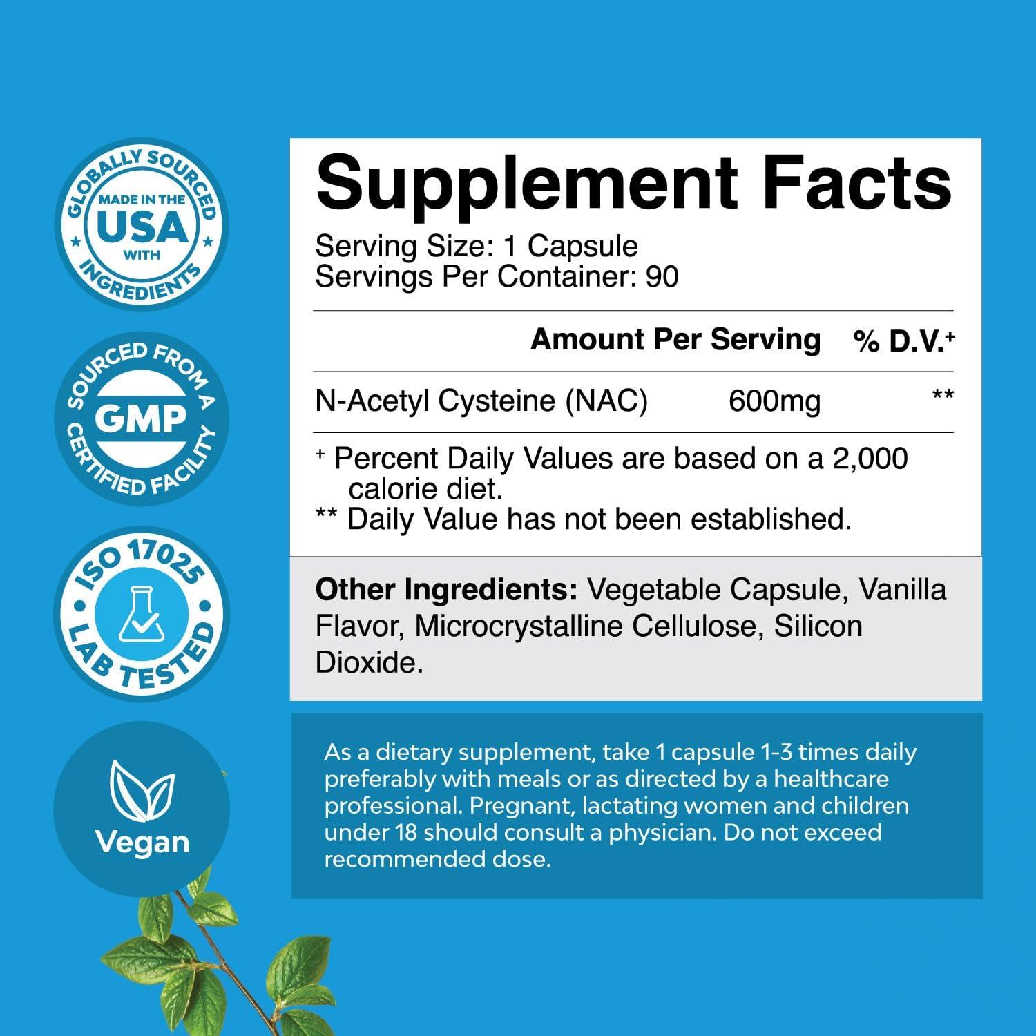 NAC Supplement N-Acetyl Cysteine 600mg - Vegan High Absorption Capsules for  Liver Detox Lung Health & Immunity Support | 180 Servings | Buy Now with  Express International Delivery | GoSupps.com