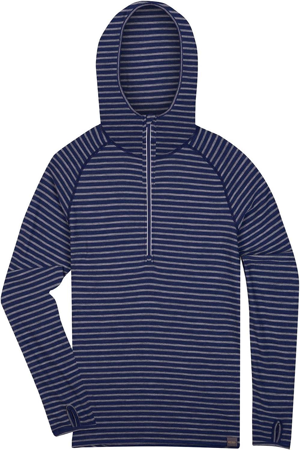 MERIWOOL Mens Base Layer Hoodie Lightweight Merino Wool Long Sleeve Thermal  Blue Sea Stripe X-Large