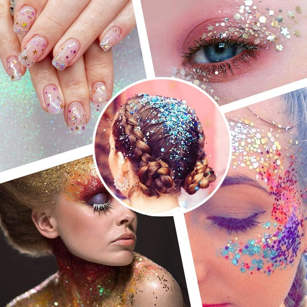 Holographic Chunky Glitter Sequins 16 Colors Mixed Cosmetic Glitter for  Face Body Eye Hair Nail Art Lip Gloss, Festival Glitter Makeup with  Different Hexagons Size and Stars Holographic Glitter