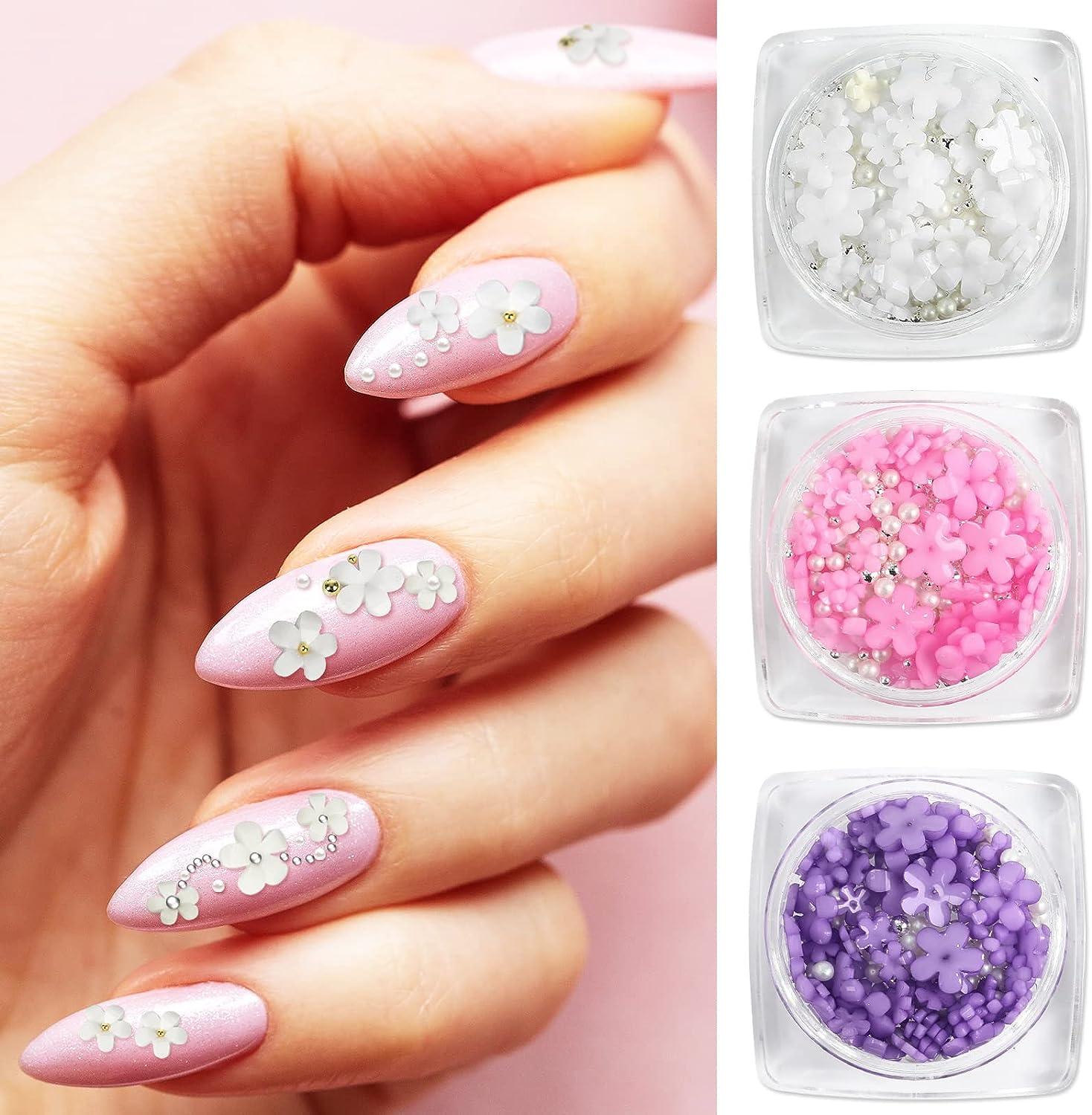 3D Flower Caviar Beads Pearl Nail Art Charms, 6 Jars Light Change Nail  Decals for Acrylic Nail Art Accessories Glitter Nail Supplies Stud Design