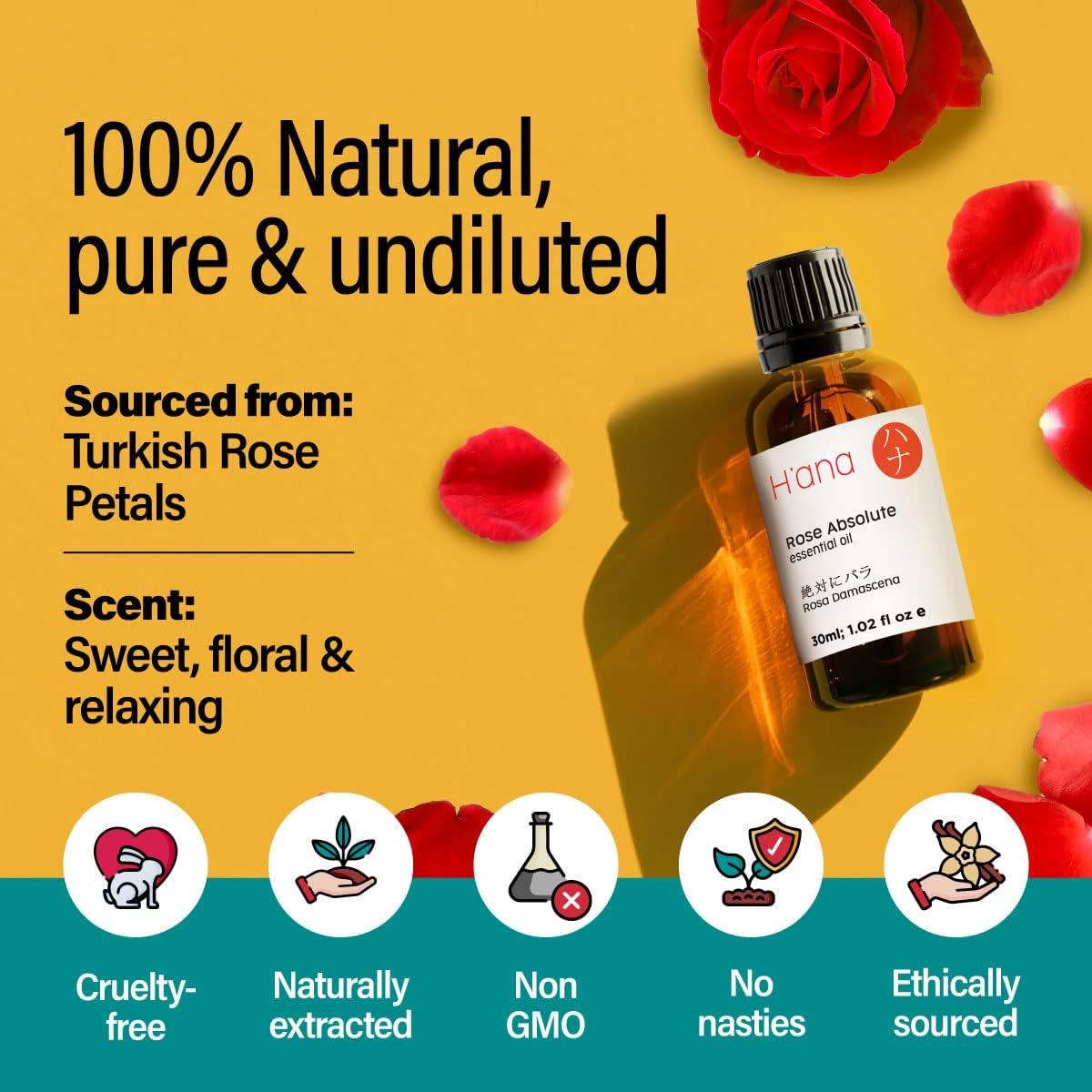 Hana Rose Essential Oils for Skin Use & Aromatherapy - 100% Pure  Therapeutic Grade Rose Oil for face - Rose Oil Essential Oil for Diffuser,  Skin, Face, Hair & Perfume (1 fl oz) Rose Absolute