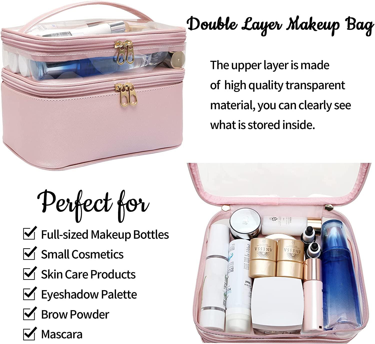 Makeup Bag,Leather Double Layer Large Makeup Organizer Bag,Travel  Accessories Dorm Room Essentials Toiletry Bag for Women,Travel Essentials Cosmetic  Bag Makeup Case with Detachable Divider for Brush 1-Pink