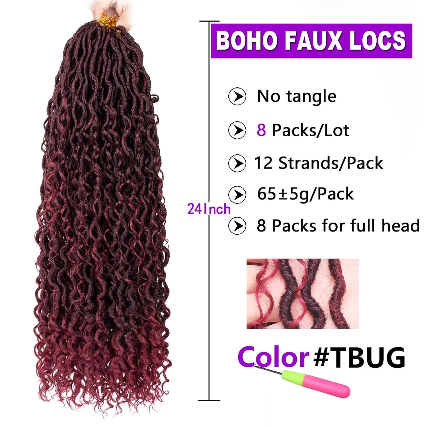 ZRQ 8 Packs Burgundy Goddess Locs Crochet Hair 24 Inch Ombre Boho Faux Locs  Pre Looped Hipple Locs Curly Soft Locs Red River Locs Hair Extensions Tbug  24 Inch (Pack of 8) TBUG