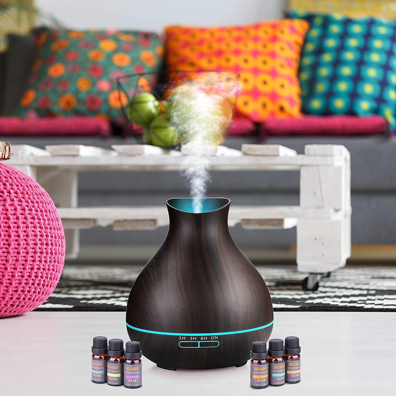 BZseed Essential Oil Diffuser Set, 550ml Aromatherapy Diffuser with  Measuring Cup, Cool Mist Humidifier, 4 Timer and 7 Color Lights, Waterless  Auto-Off, Wood Grain Diffuser High Output for Home Upgraded Black