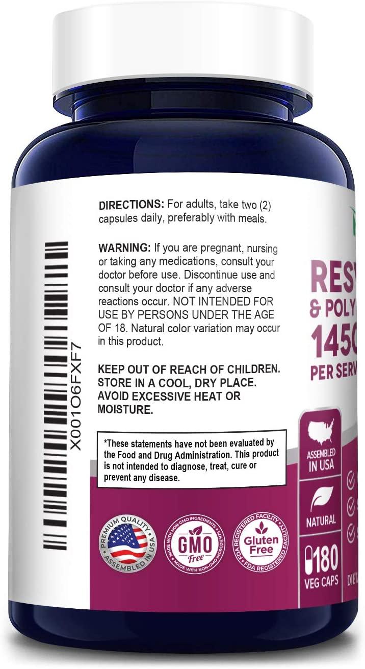 Resveratrol & Polyphenol Complex 1450mg 180 Vegetarian Capsules Non