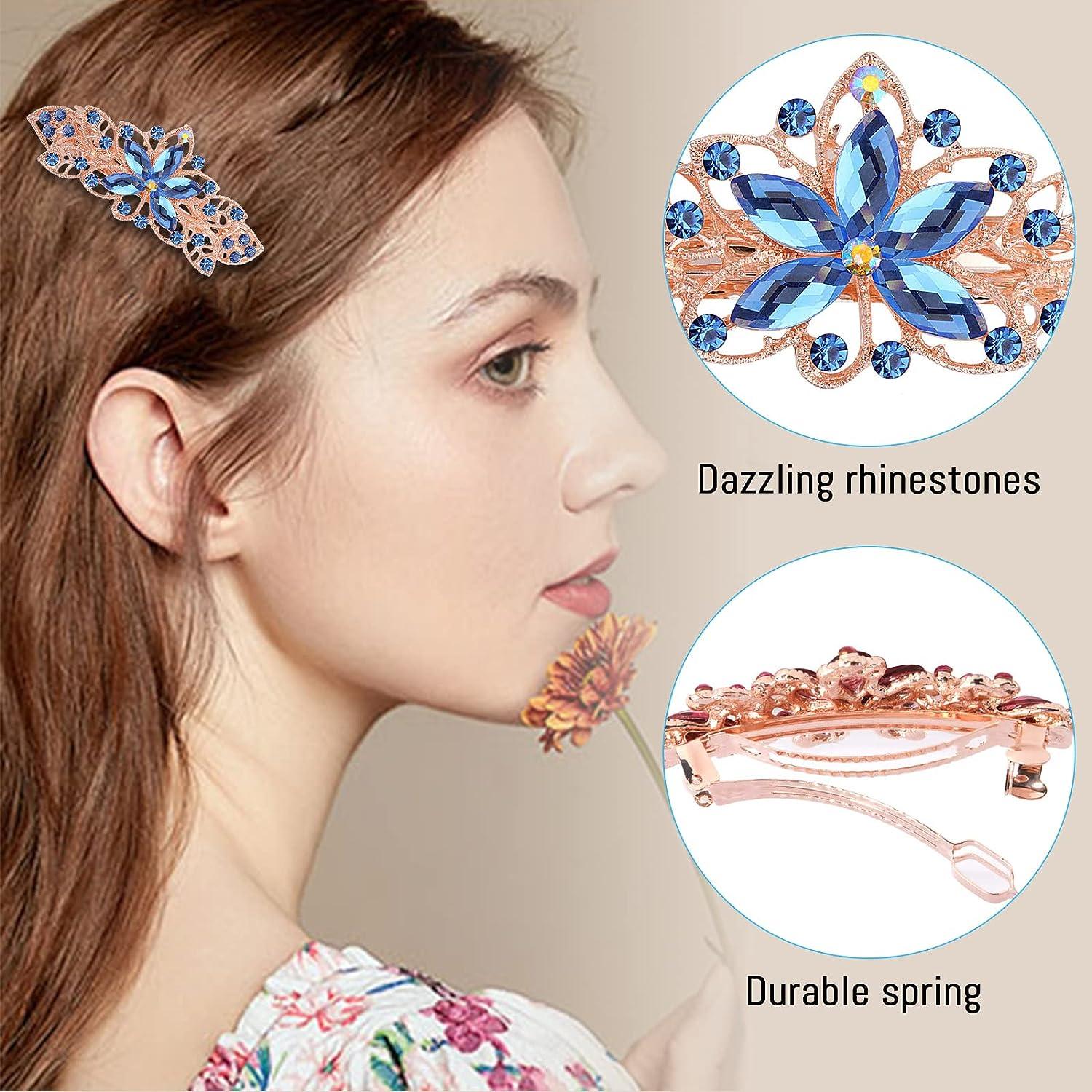 Hair Barrettes for Women,WHAVEL 4pcs Flower Crystal Rhinestones Hair Barrettes Hair Clips Luxury Jewelry Spring French Hair Clips for Women Girls