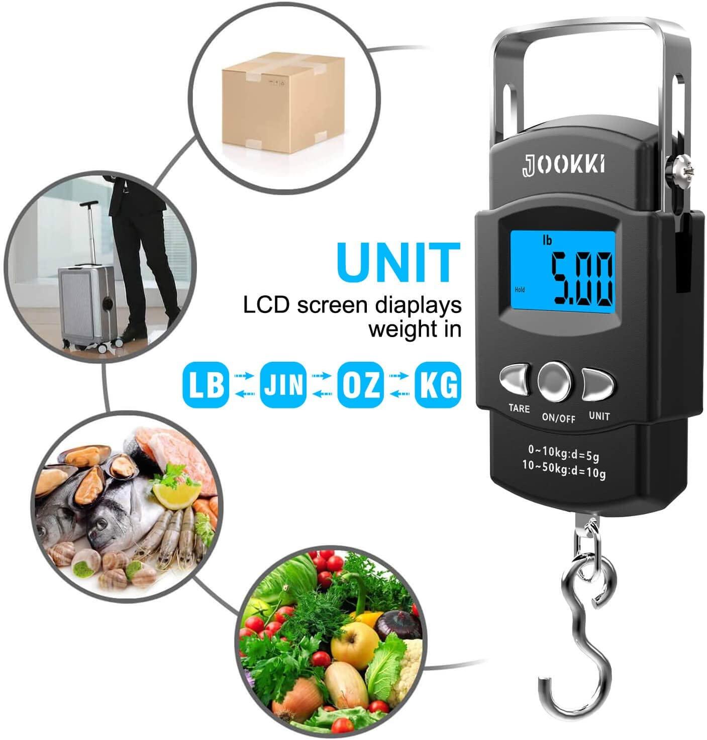 Fish Scale,JOOKKI Hanging Scale Portable Dial Scale LCD Digital Weight  Electronic Scale 110lb/50kg with a Tape Measure for Tackle Bag,Luggage, Baggage,(Black)