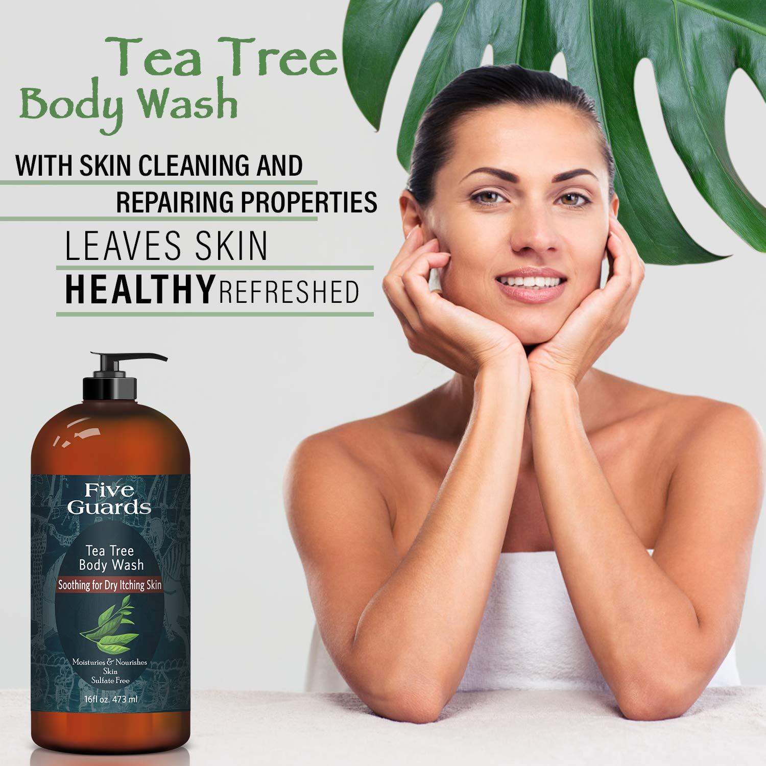 FIVE GUARDS Tea Tree Oil Body Wash With Mint Removes Body Odor and more. Botanical Shower Gel