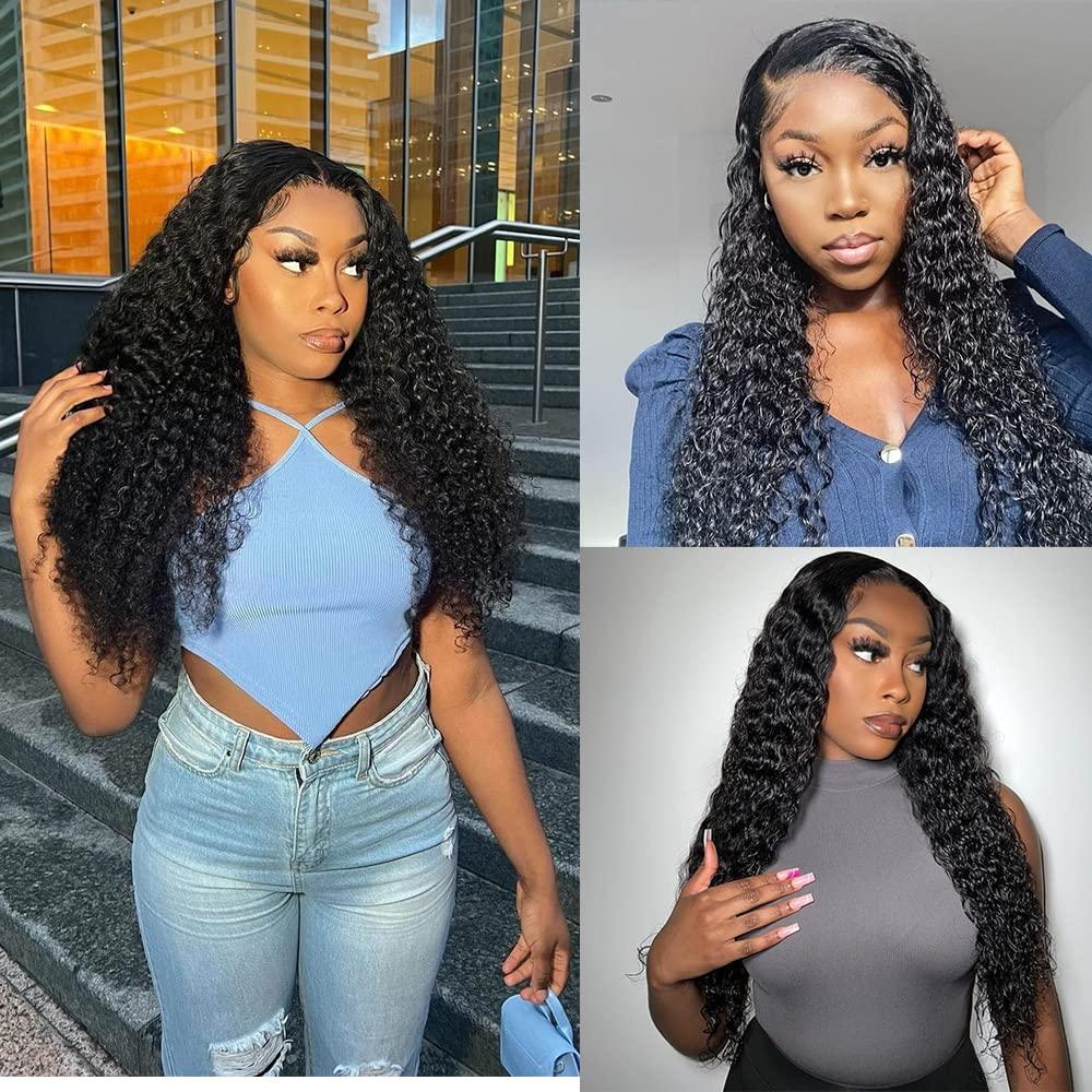 Long Water Wave Lace Closure Human Hair Wigs Deep Curly Wave Lace Front Wig  (30 Inch )Brazilian HD Transparent Lace Wigs Pre Plucked with Baby Hair for Black  Women 150% Density Natural