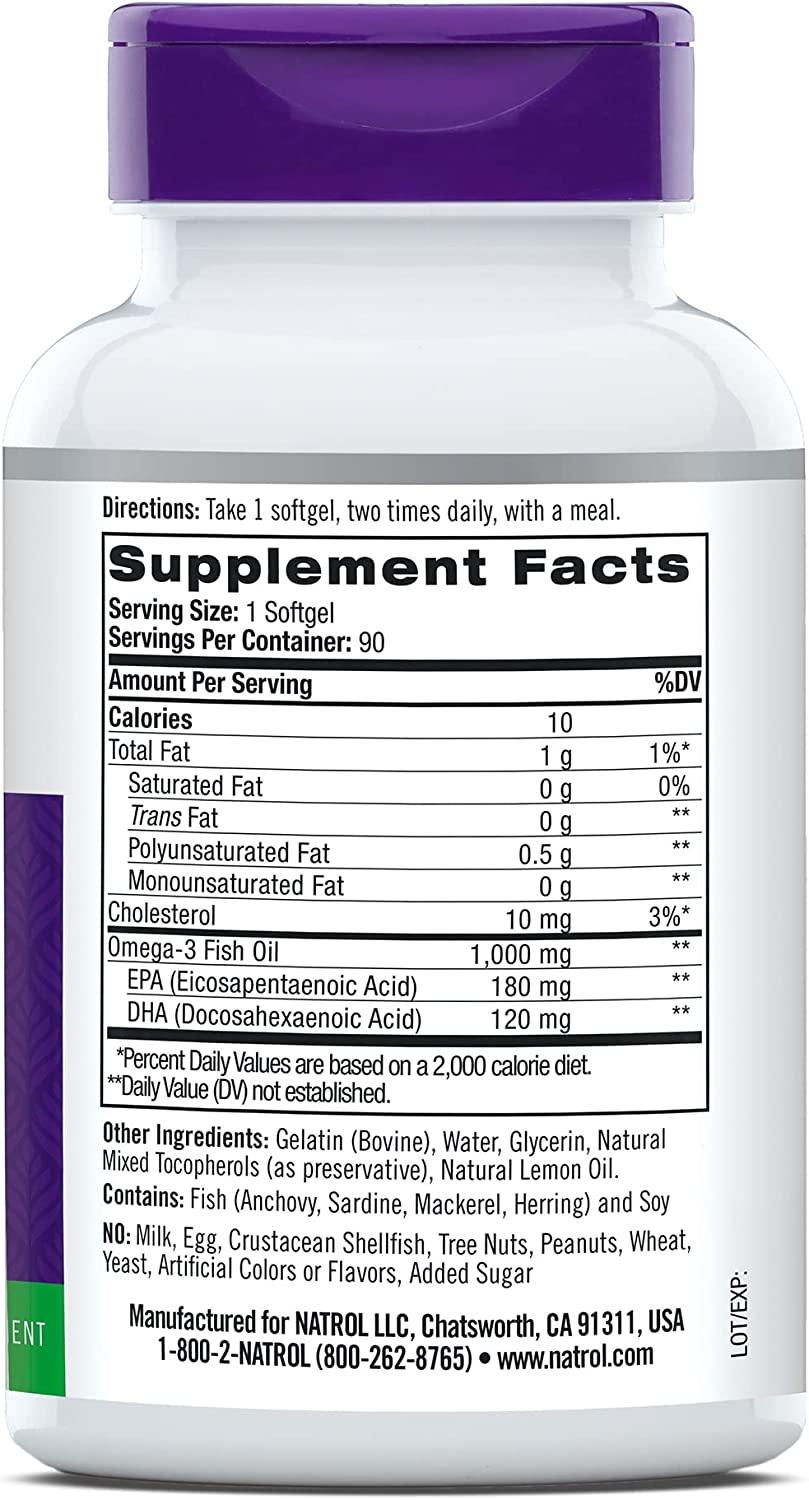 Natrol Omega3 Purified Fish Oil 1,000mg, 90 Softgels (Pack of 4) Omega