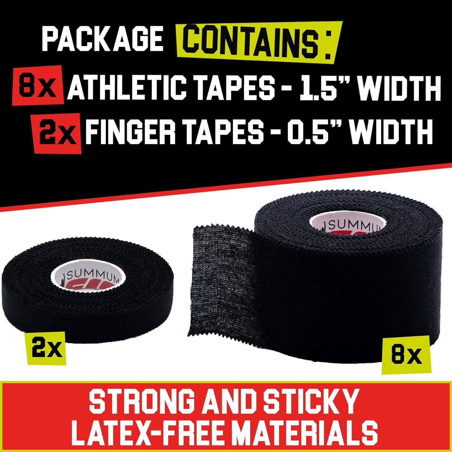 Summum Fit White Athletic Tape Extremely Strong: 8 Rolls + 2 Finger Tape.  Easy to Apply & No Sticky Residue. Sports Tape for Boxing, Football, BJJ