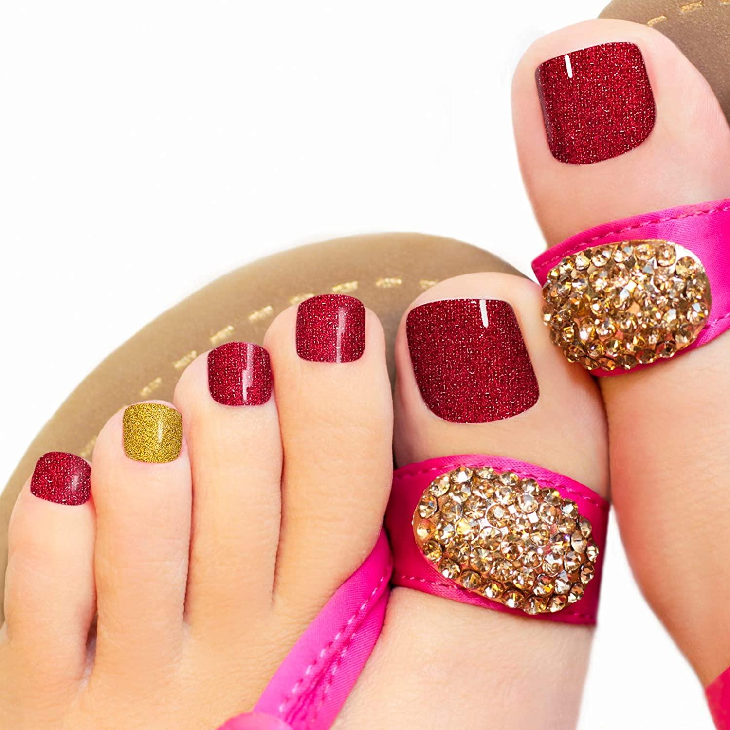 Fake Glitter ToeNails Colorful Rhinestone Decor Summer Full Diamond Nail Art  Press On False Toe nails Manicure Feet Nail Tips