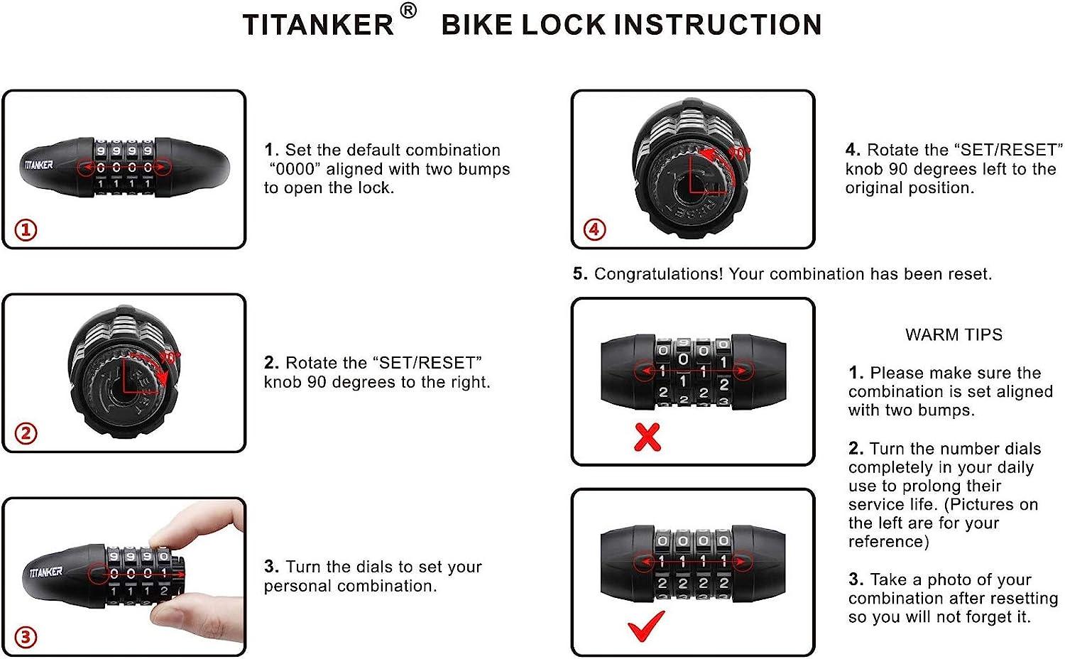 Titanker Bike Lock Cable, Kids Bike Cable Basic Self Coiling Combination  Cable Bike Locks with Complimentary Mounting Bracket, 1/2 Inch Diameter  Clear Black-4FT