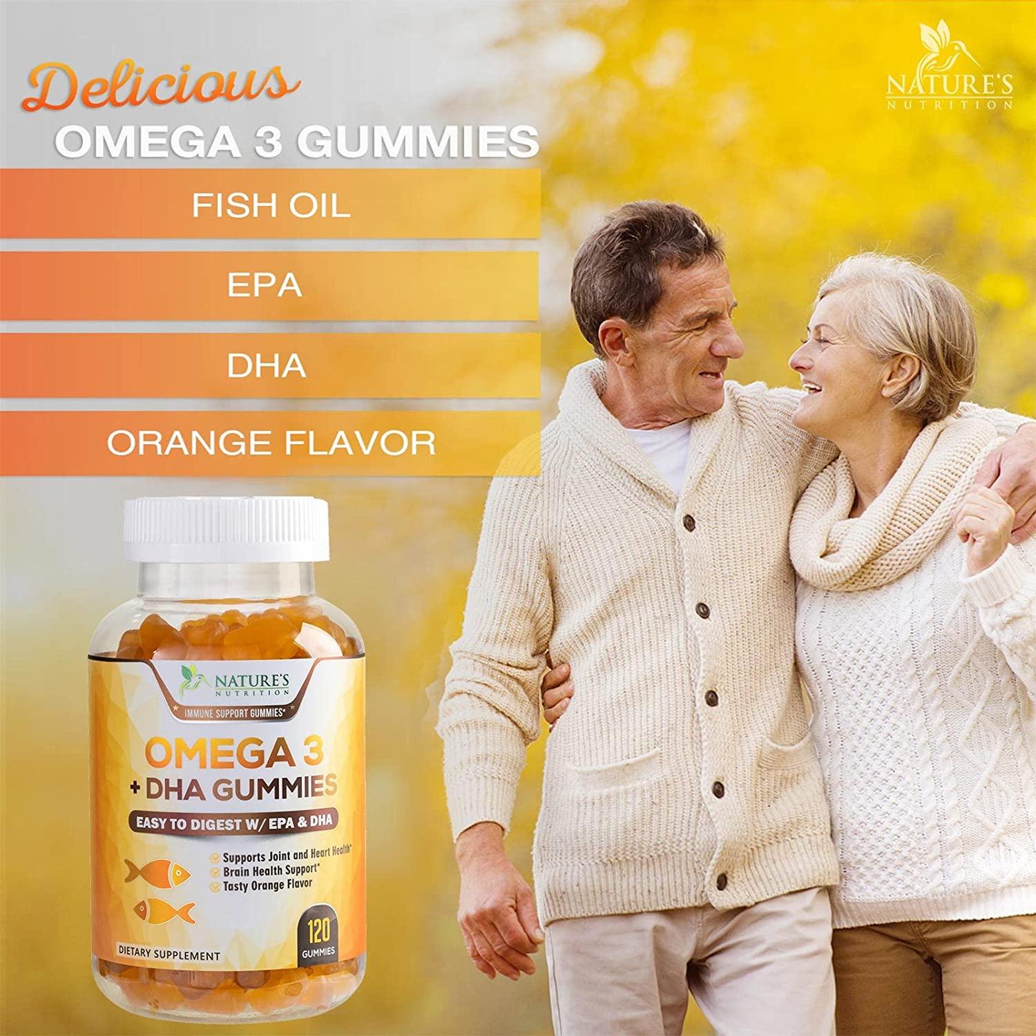 Omega 3 Fish Oil Gummies Natural Orange Flavor Extra Strength DHA & EPA Brain & Joints