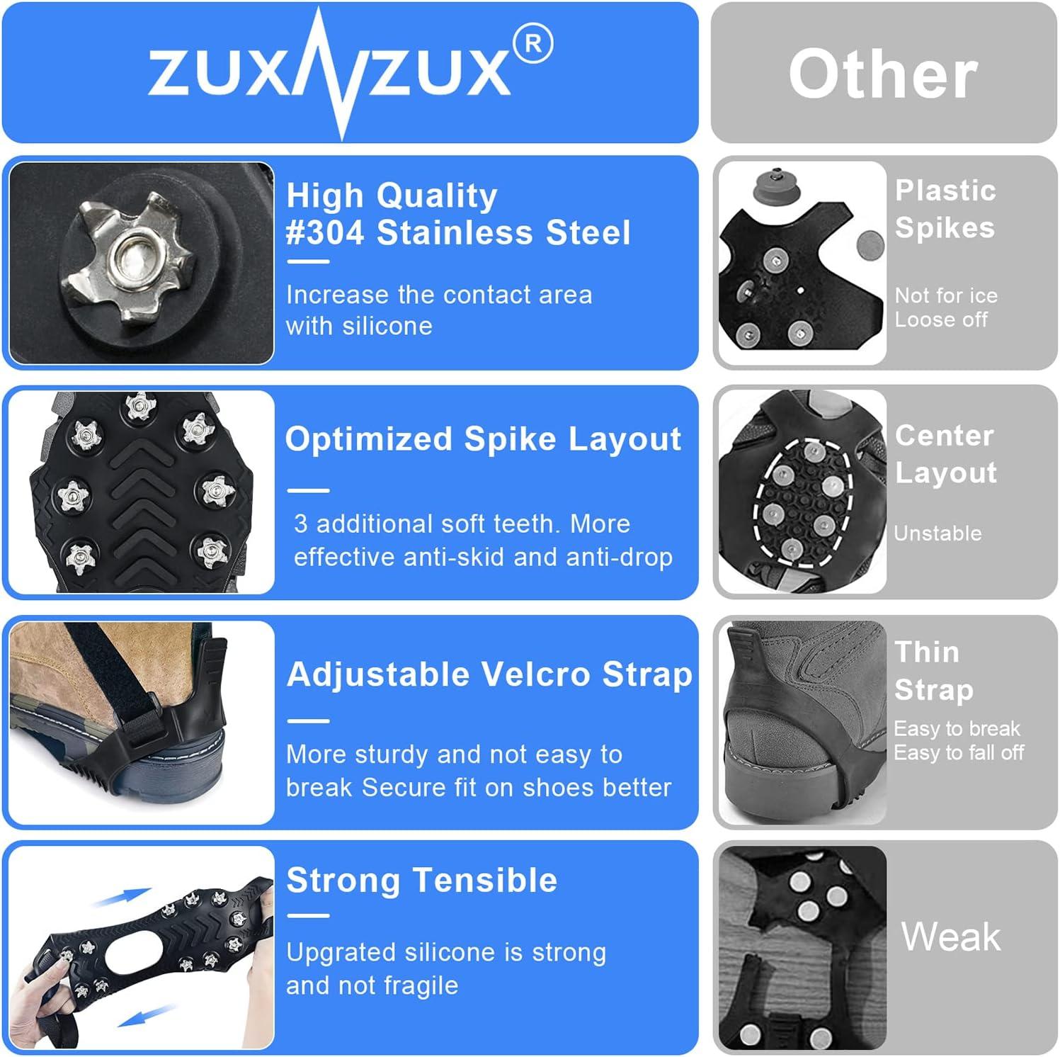 ZUXNZUX Crampons, Ice Cleats for Shoes and Boots, Silicone Stainless Steel  Grippers Shoe Spikes Grips Traction for Ice Snow, Winter Hiking Climbing Ice  Fishing Medium Silicone & 304 Stainless Steel