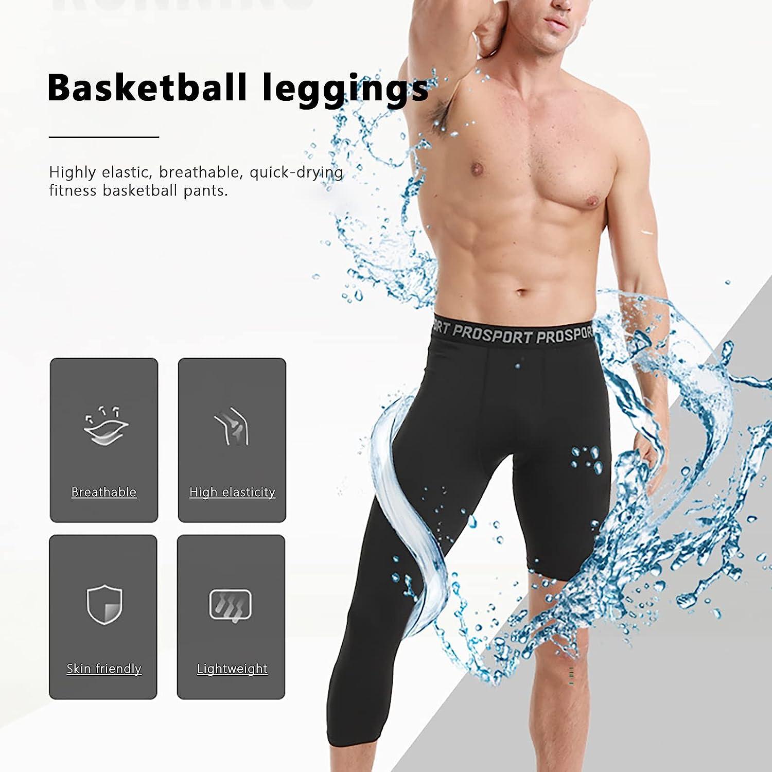 Valcatch Men's One Leg Tights Legging 3/4 Compression Pants Athletic Base  Underwear for Basketball Running Black+white(right Short) Large