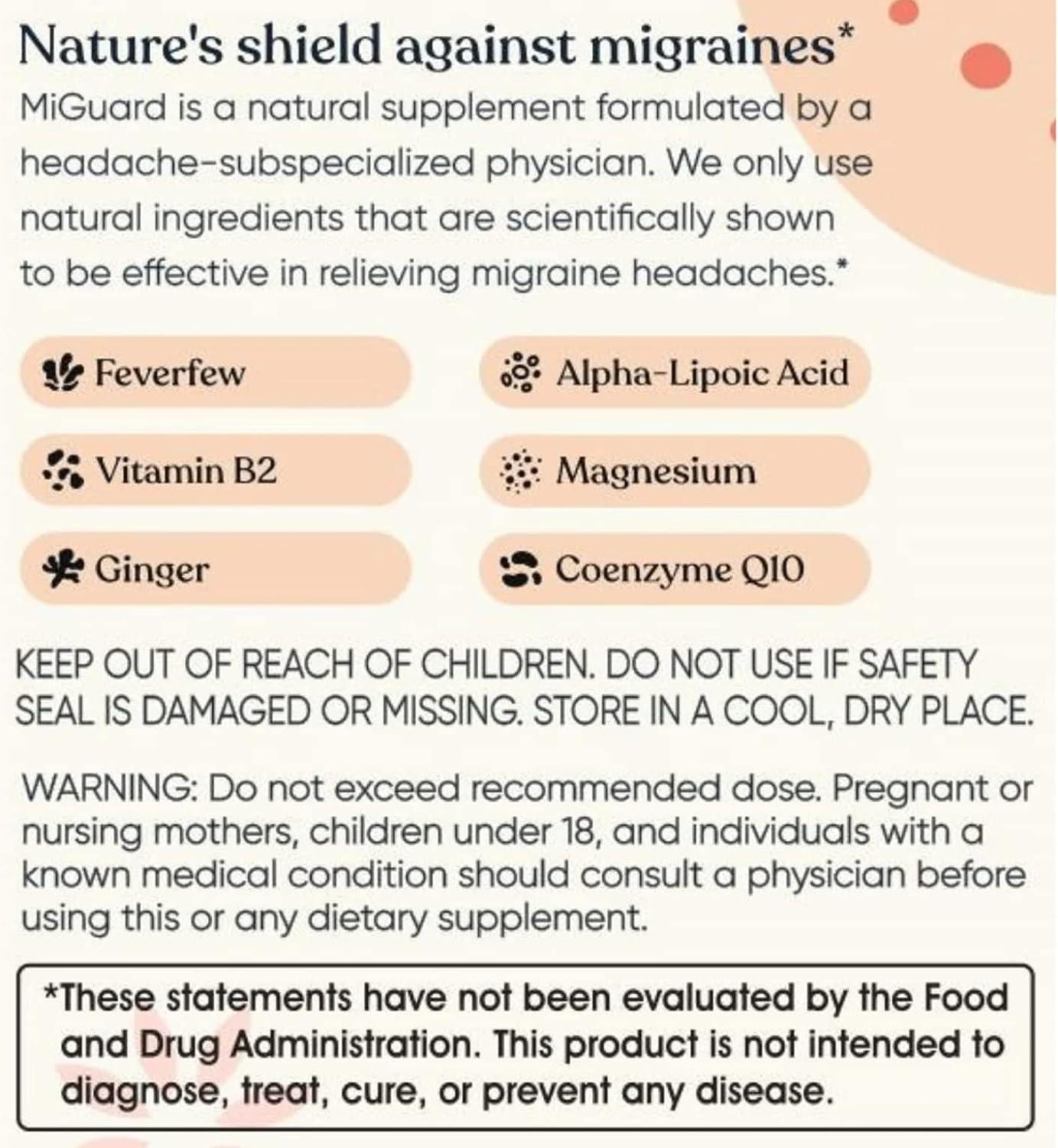 MIGUARD Headache and Migraine Relief Supplements Drug Free Migraine