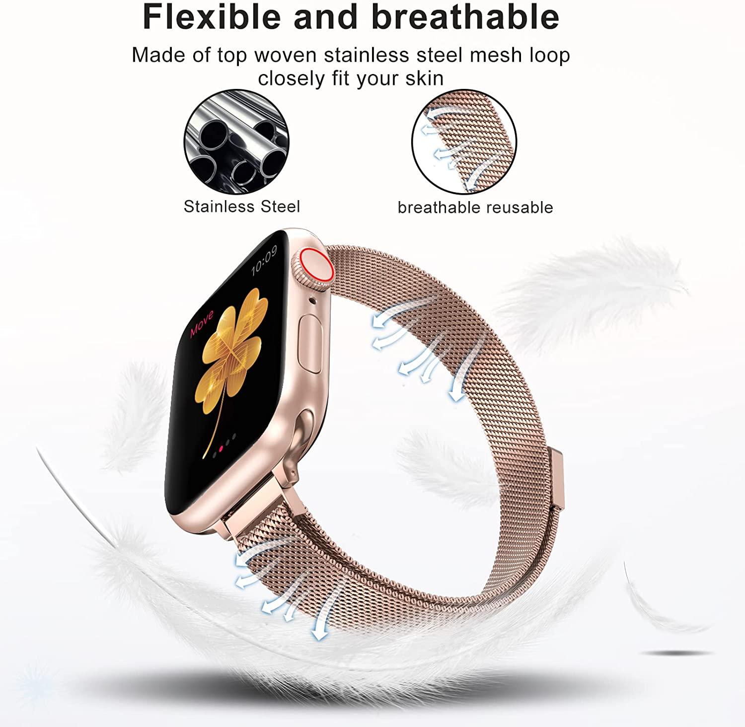 LELONG Slim Watch Band Compatible with Apple Watch Band 38mm 40mm 41mm 42mm  44mm 45mm 49mm Women & Men, Stainless Steel Mesh Loop Magnetic Clasp