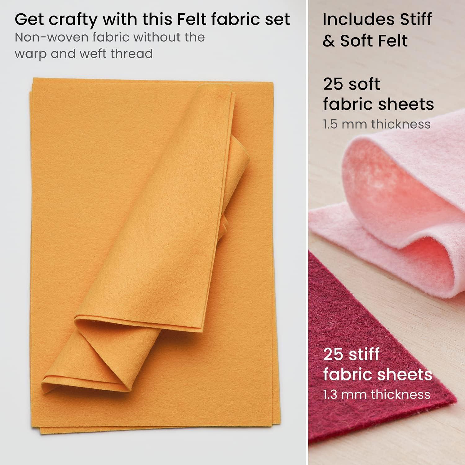 Arteza Craft Felt Sheets Set of 50 8.3 x 11.8 inches 10 Earth Tones 20 Soft  and 30 Stiff Non Woven Felt Fabric Squares 1.5mm and 1.3mm Thick Sewing  Fabric for DIY Crafts