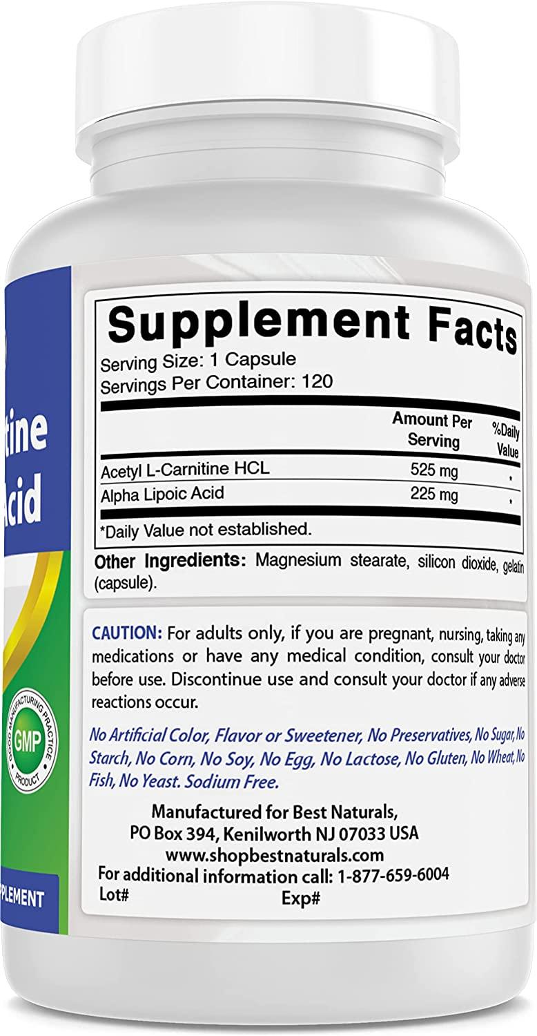Best Naturals Acetyl LCarnitine and Alpha Lipoic Acid 750 mg 120