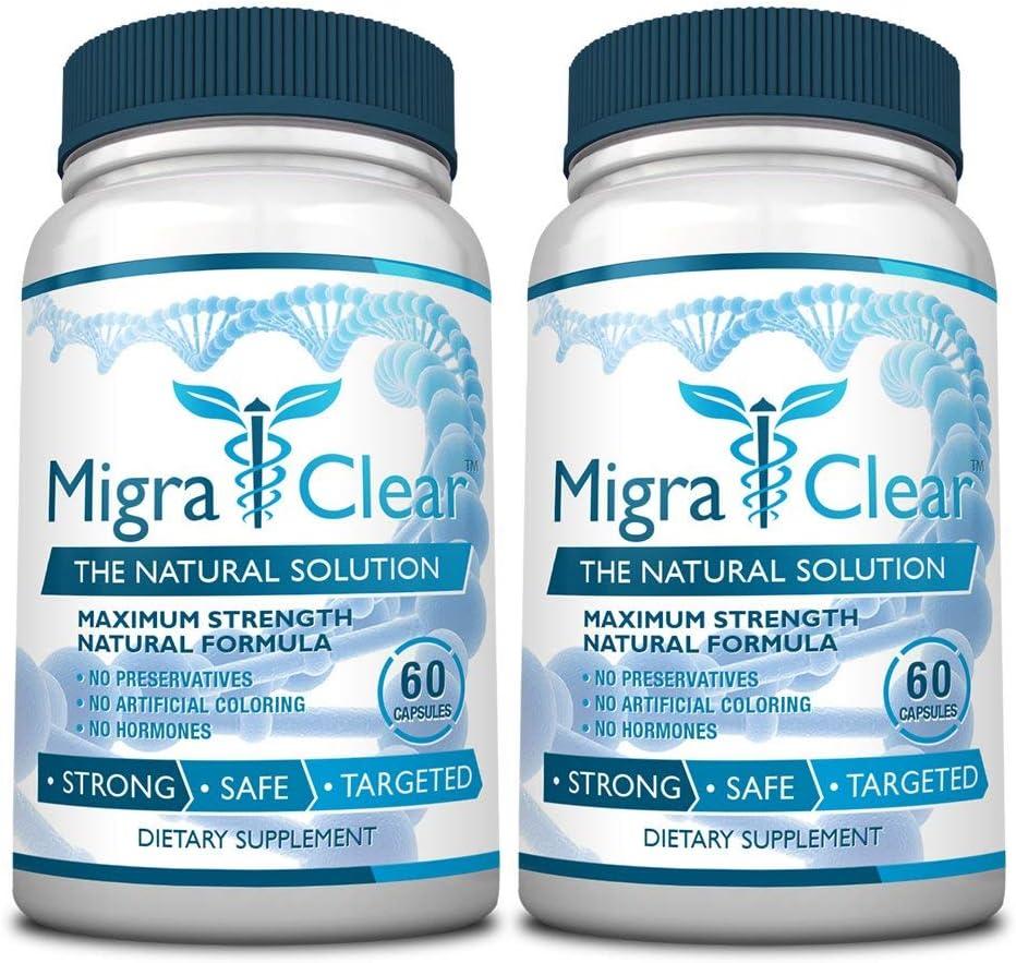 MigraClear All Natural Migraine Support Magnesium Ginkgo Biloba Ginger White Willow Feverfew