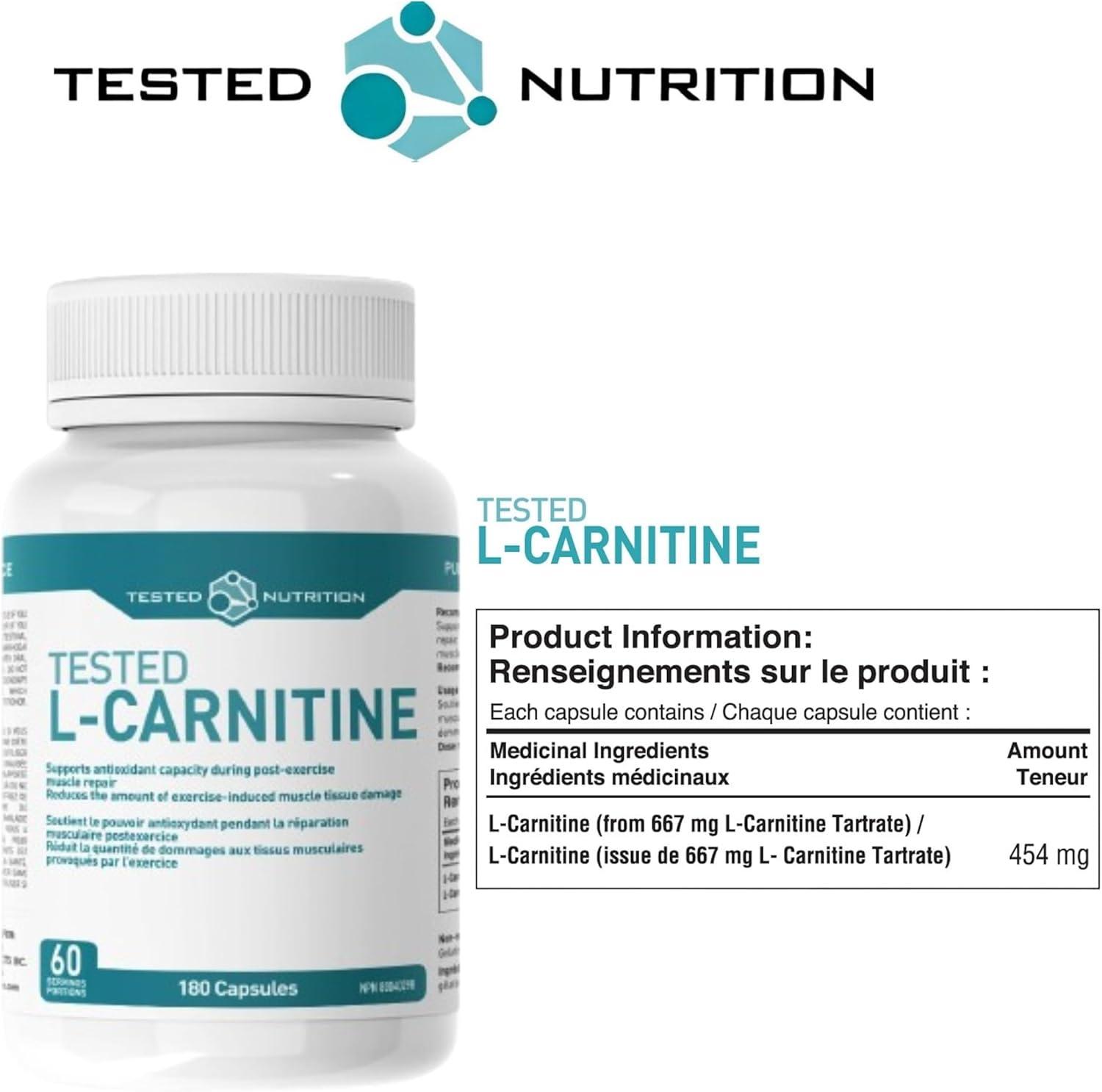 Tested Nutrition L-Carnitine Capsules | 454mg L-Carnitine Tartrate per  Capsule | Stimulant Free Weight Loss Support Muscle Recovery Energy  Metabolism Booster | 60 Servings (180 Capsules) | Buy Now with Express  International Delivery