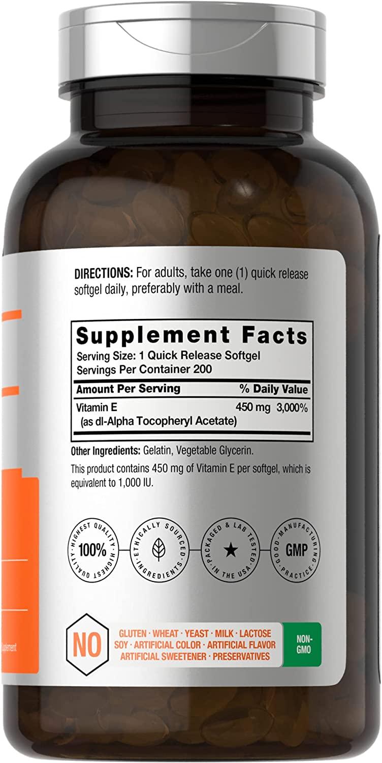 Horbaach Vitamin E 1000 IU Softgel Capsules 200 Count NonGMO, Gluten