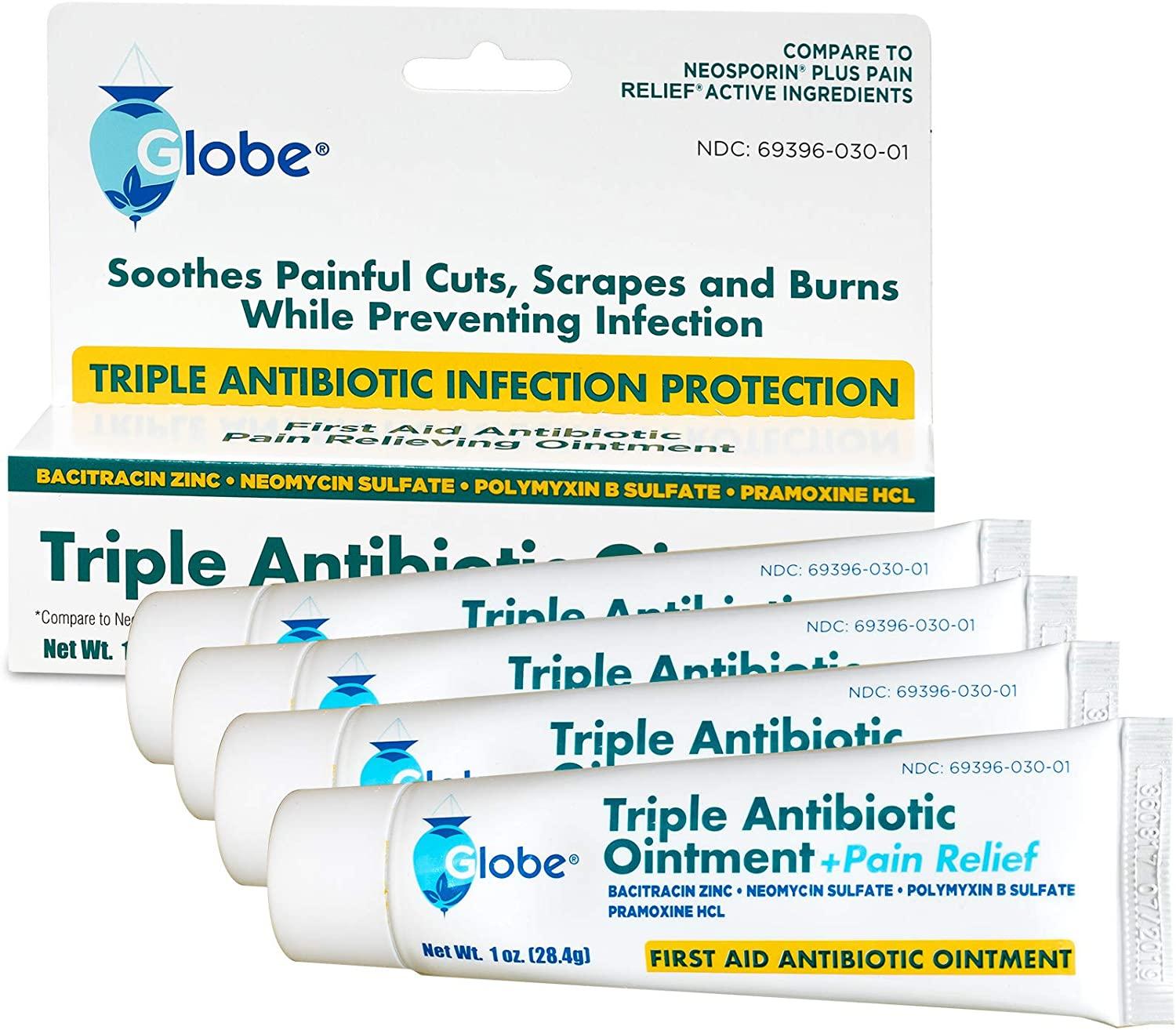 GLOBE Triple Antibiotic + Pain Relief Ointment 1oz 4 Pack First Aid