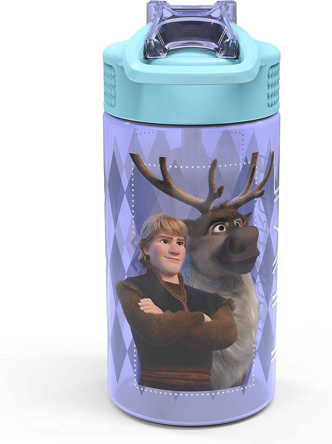 Zak Designs 16 oz Blue and Purple Anna and Elsa Plastic Water Bottles with Flip-Top Lid (2 Pack)