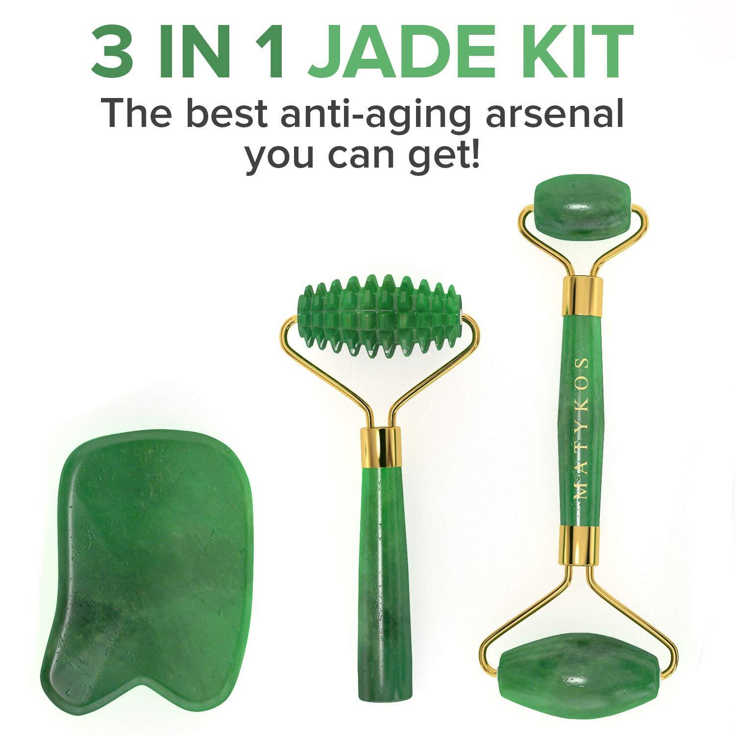 Matykos Complete Skincare Routine 3 in 1 Jade Roller for Face and Gua