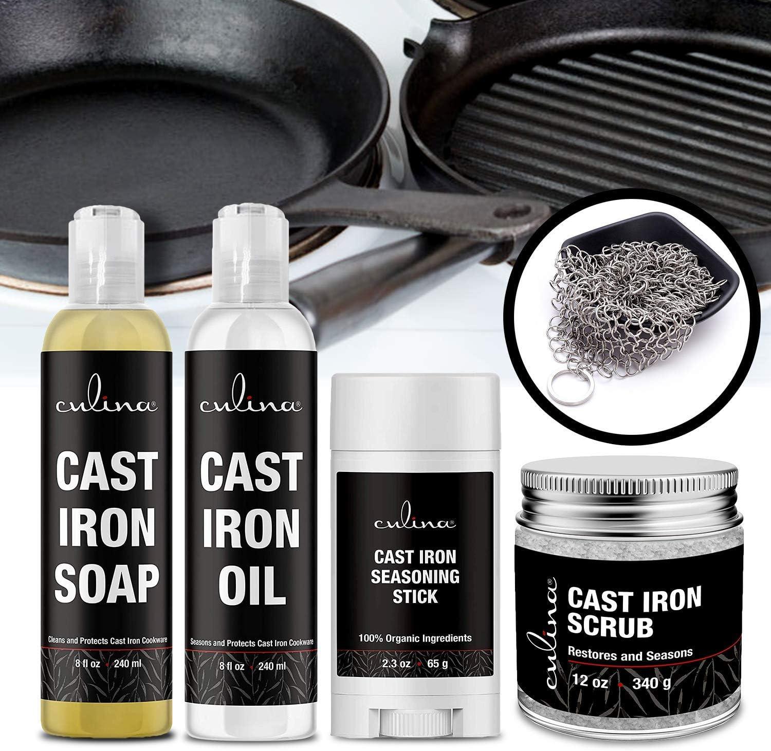 Culina Cast Iron Soap Set | Conditioning Oil | Stainless Scrubber |  Restoring Scrub | All Natural Ingredients | Best for Cleaning, Non-stick  Cooking 