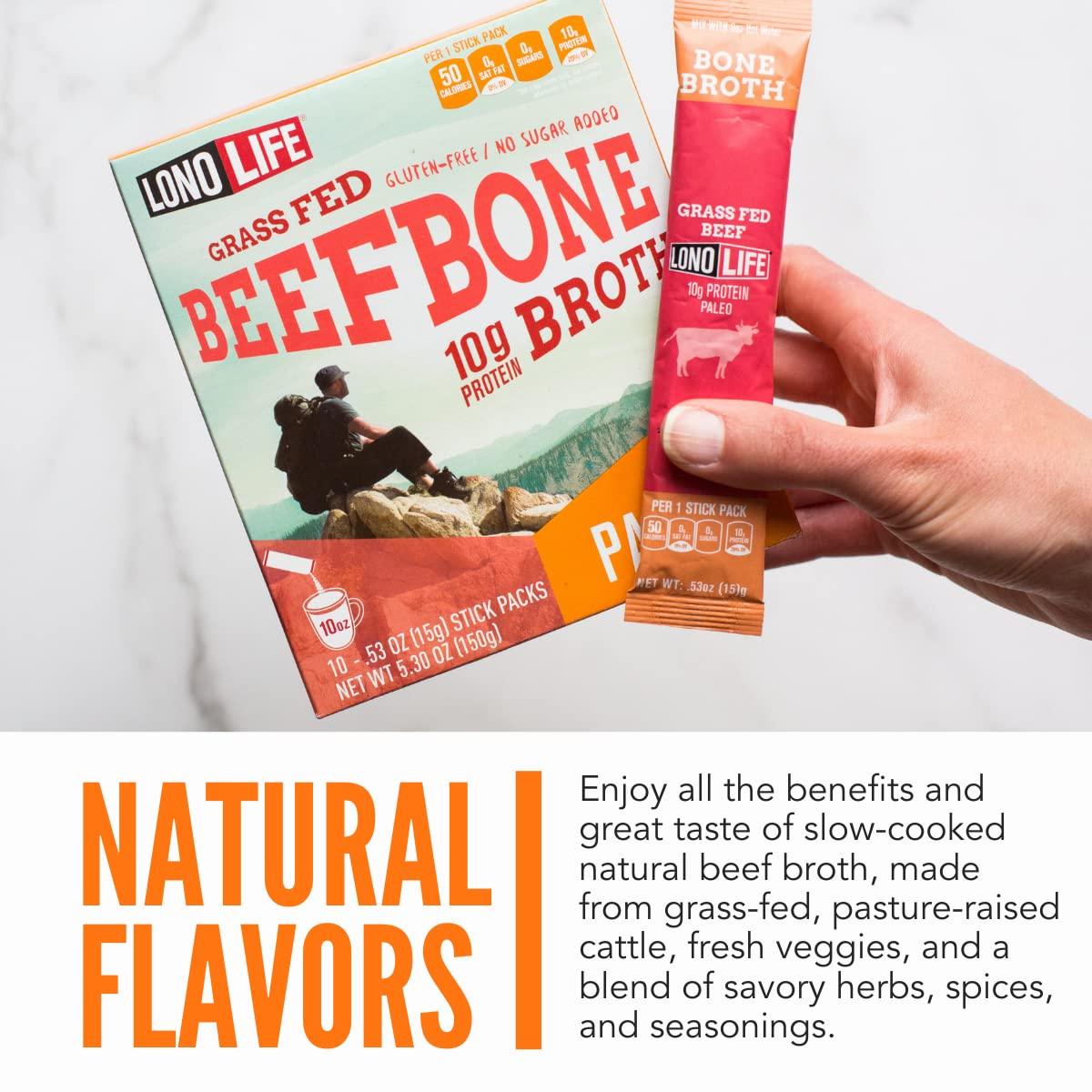 LonoLife GrassFed Beef Bone Broth Powder with 10g Protein, Stick Packs