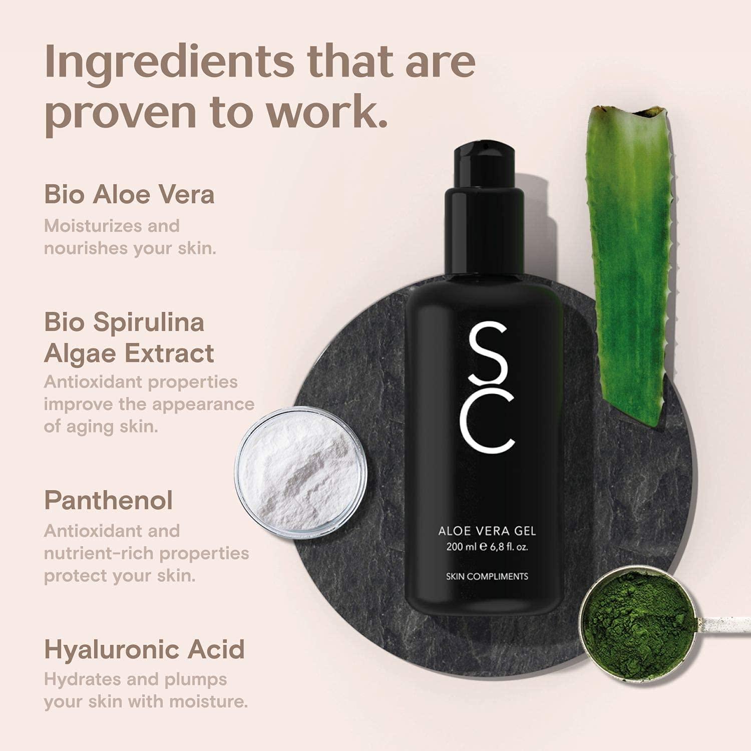 Skin Compliments Bio Aloe Vera Gel - Natural Moisture Care & After Sun with  Hyaluronic Acid Panthenol & Spirulina - 200ml Violet Glass Bottle - ...