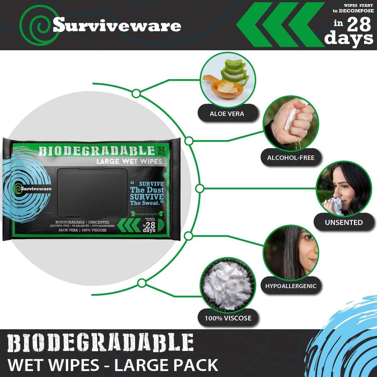 Surviveware Biodegradable Wet Wipes for Post Workout & Camping Large 32 Count Pack Face