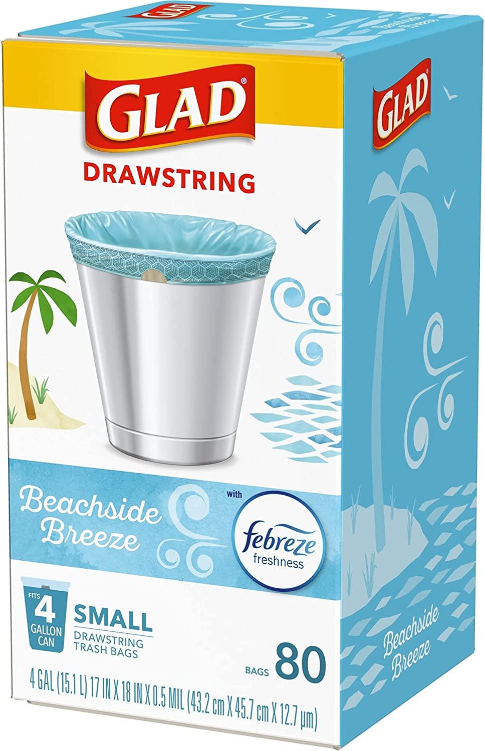 Glad Small Kitchen Drawstring Trash Bags 4 Gallon Green Trash Bag, Febreze Beachside Breeze, 80