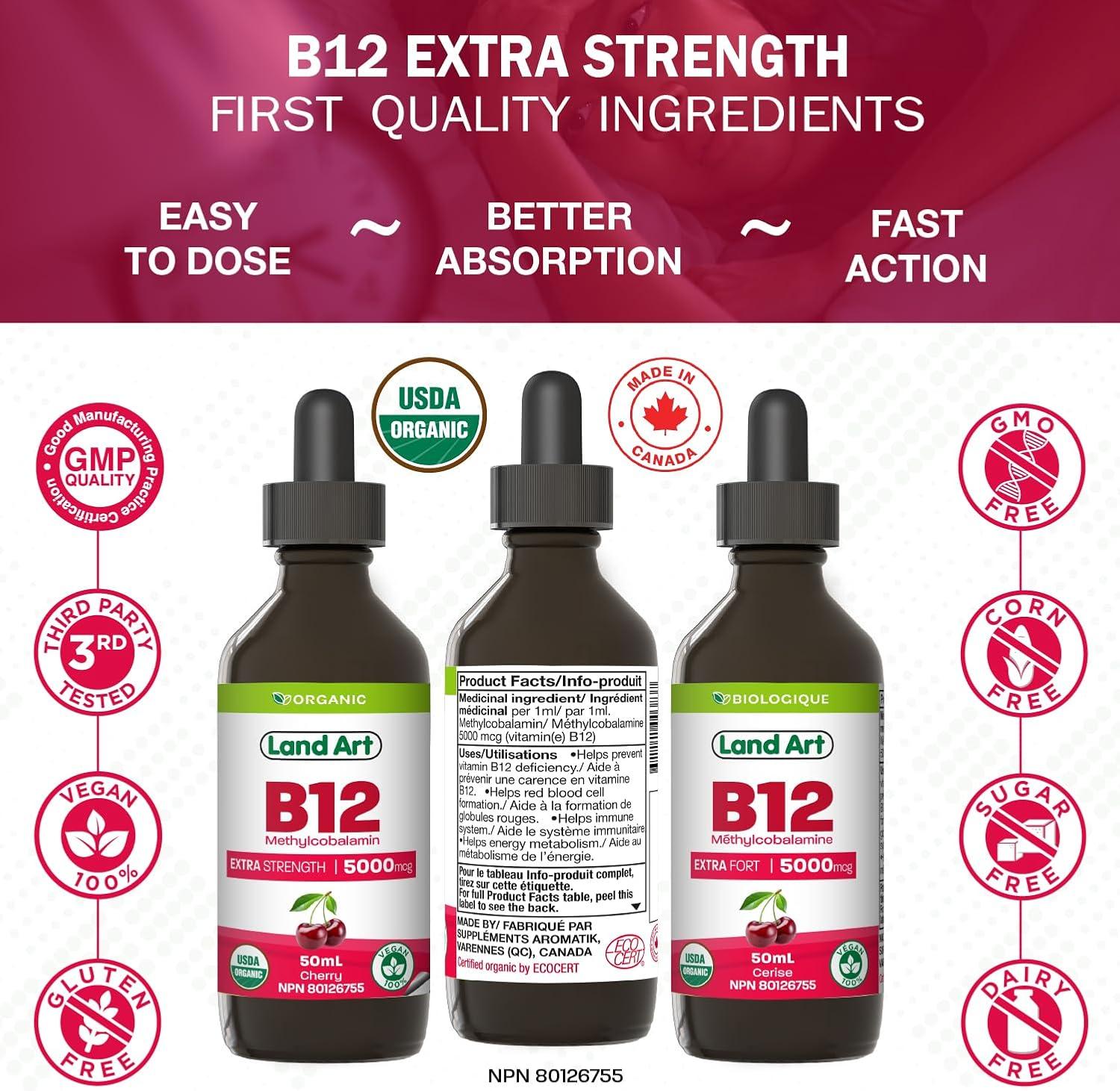Certified Organic Vitamin B12 5000mcg Drops Methylcobalamin 50 Servings  Land Art - Vegan - Sugar Free Maximum Absorption Made in Canada | Buy Now  with Express International Delivery | GoSupps.com