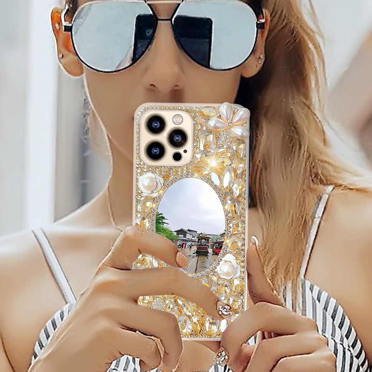 Cavdycidy Designer iPhone 13 Pro Max Mirror Case with Bling Gemstone - Gold Gems | Luxury 3D Glitter Sparkle Diamond Phone Case for Women | Buy Now with Express International Delivery | GoSupps.com Cavdycidy Designer iPhone 13 Pro Max Mirror Case with Bling Gemstone - Gold Gems | Luxury 3D Glitter Sparkle Diamond Phone Case for Women | Buy Now with Express International Delivery | GoSupps.com
