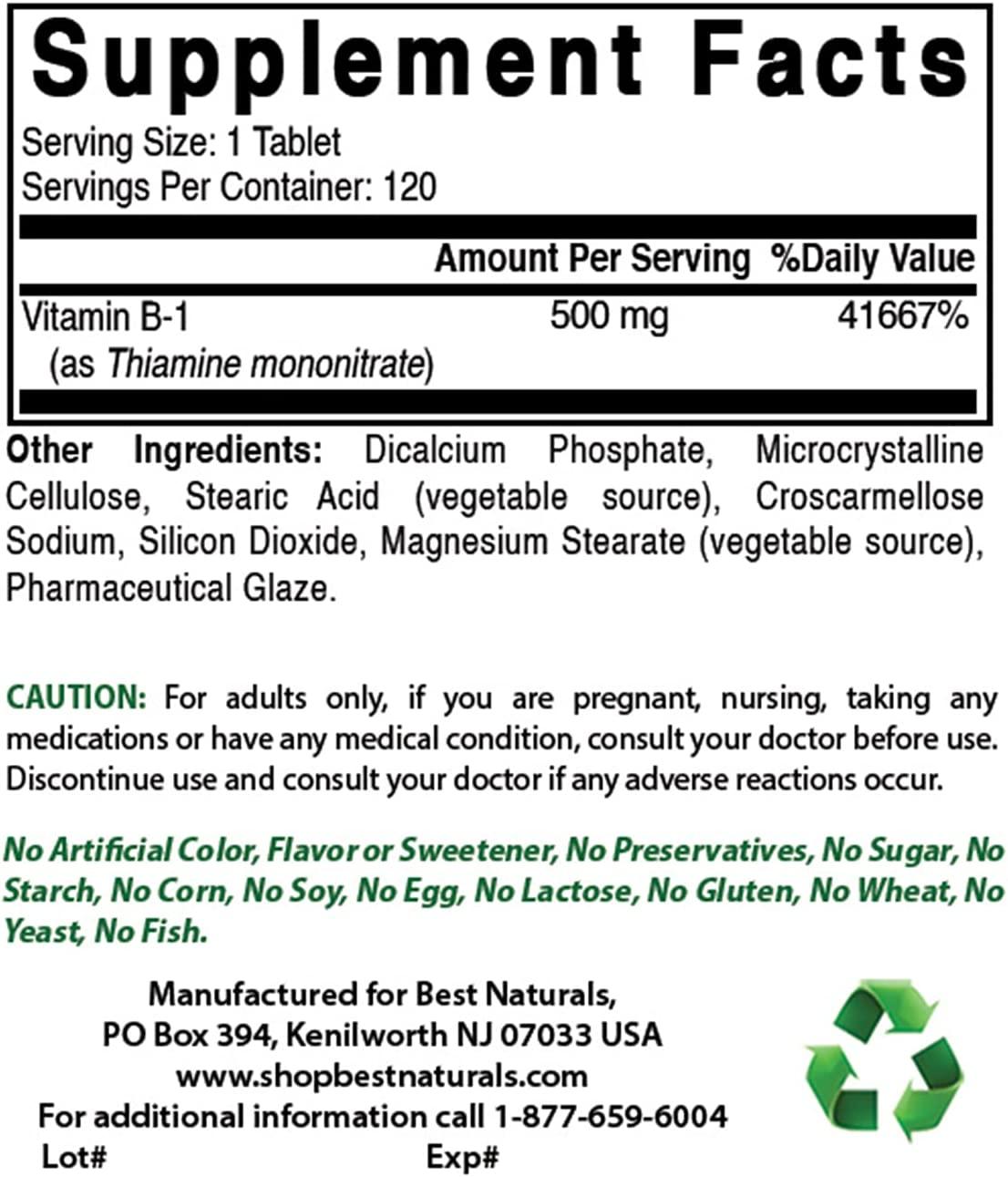 Best Naturals Vitamin B1 as Thiamine Mononitrate 500 mg 120 Tablets