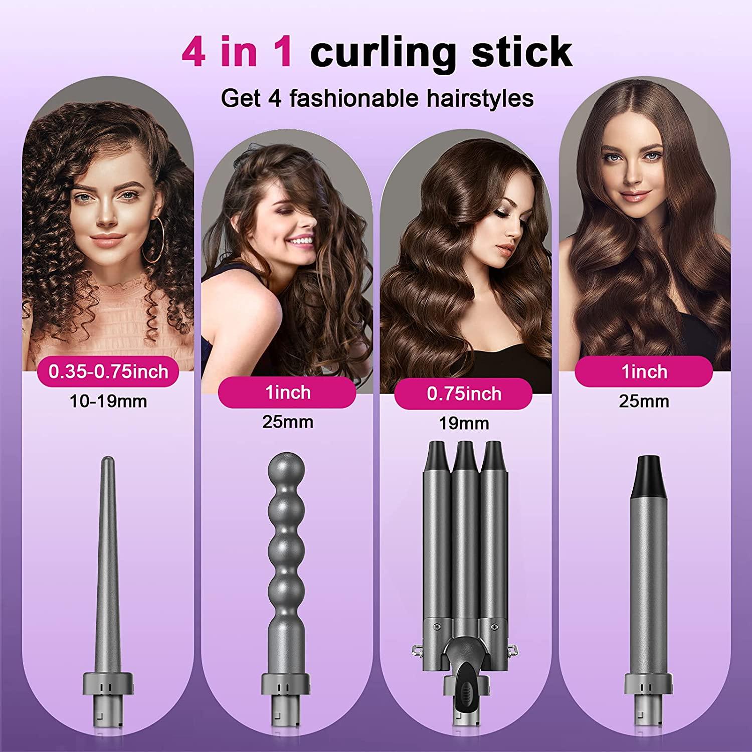 Curling Iron 3 Barrel Hair Waver,Siyaluens 4 in 1 Curling Wand Set with 4  Interchangeable Ceramic Tourmaline Barrels ,LCD Temp Control  Instant Heat Up,Hair Crimper with Glove & 2 Hair Clips