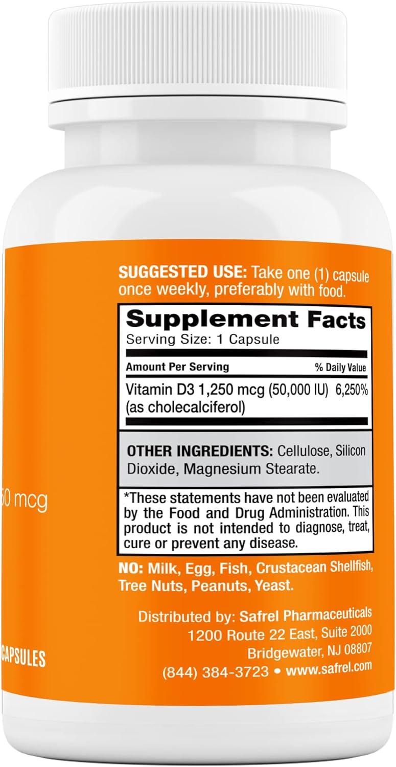 Safrel Vitamin D3 50 000 IU (as Cholecalciferol) Supplement Once Weekly Dose 1250 mcg Vegetable
