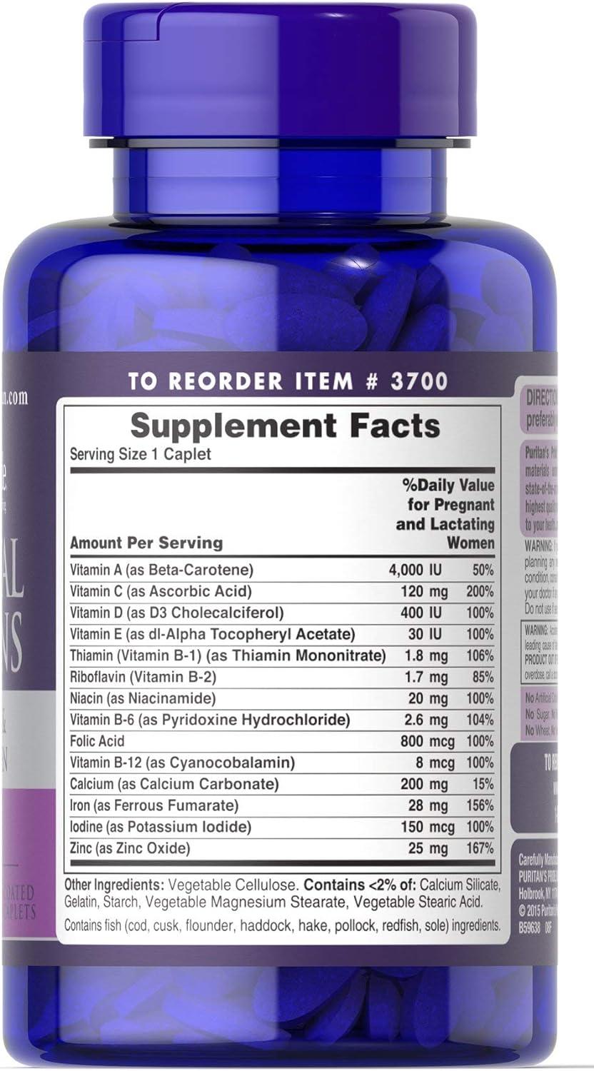 Puritan's Pride Prenatal Vitamins 100 Caplets Essential Pregnancy