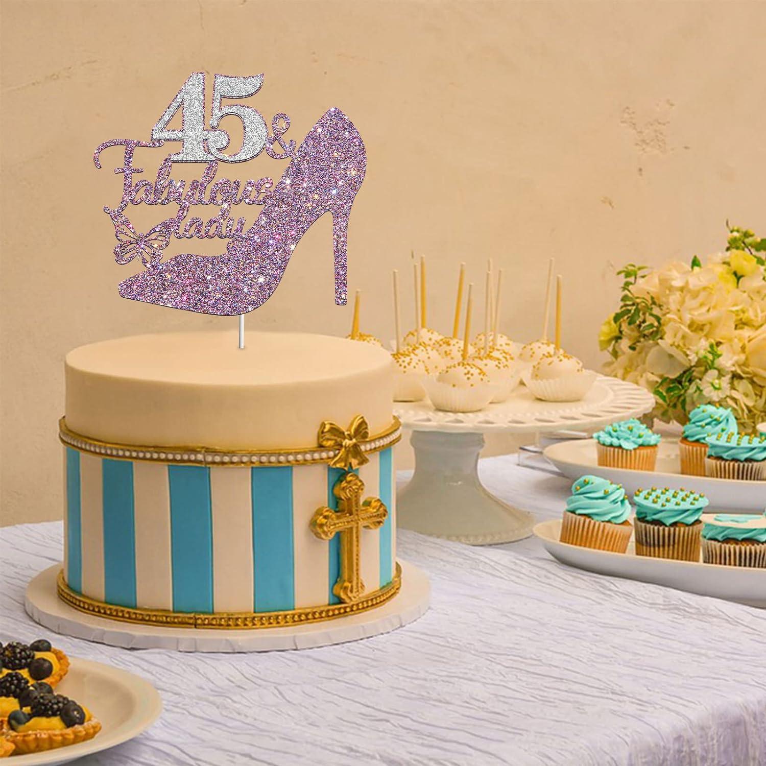 Tenhaisi 45 Fabulous Lady Cake Topper Purple Sliver Glitter 45th