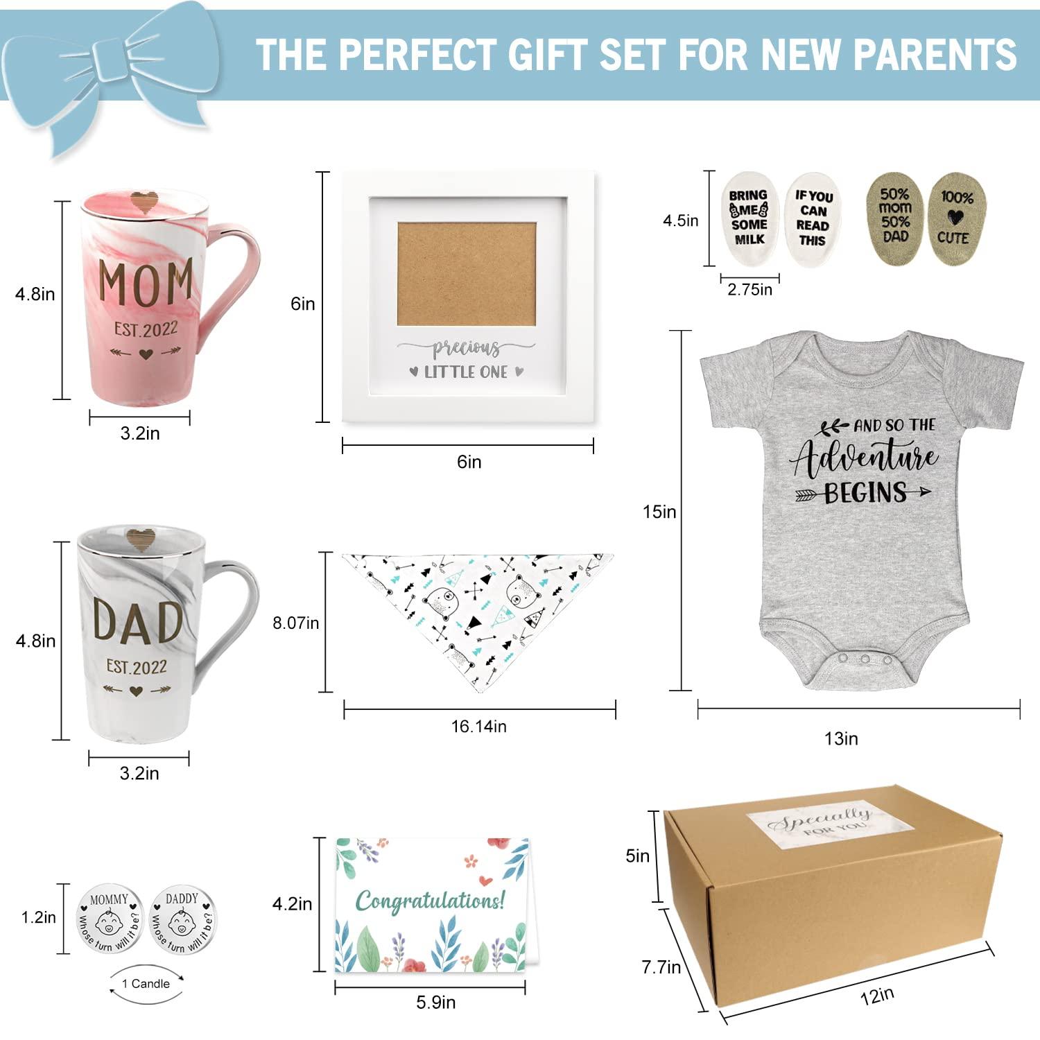 Pregnancy Gift Est 2022-New Parents Gifts Set Pregnancy Announcement-New  Mom Gifts Basket for Baby Shower Gender Reveal-Mom & Dad Mugs, Decision  Coin, Baby Ultrasound Frame, Onesie, Bib, Socks