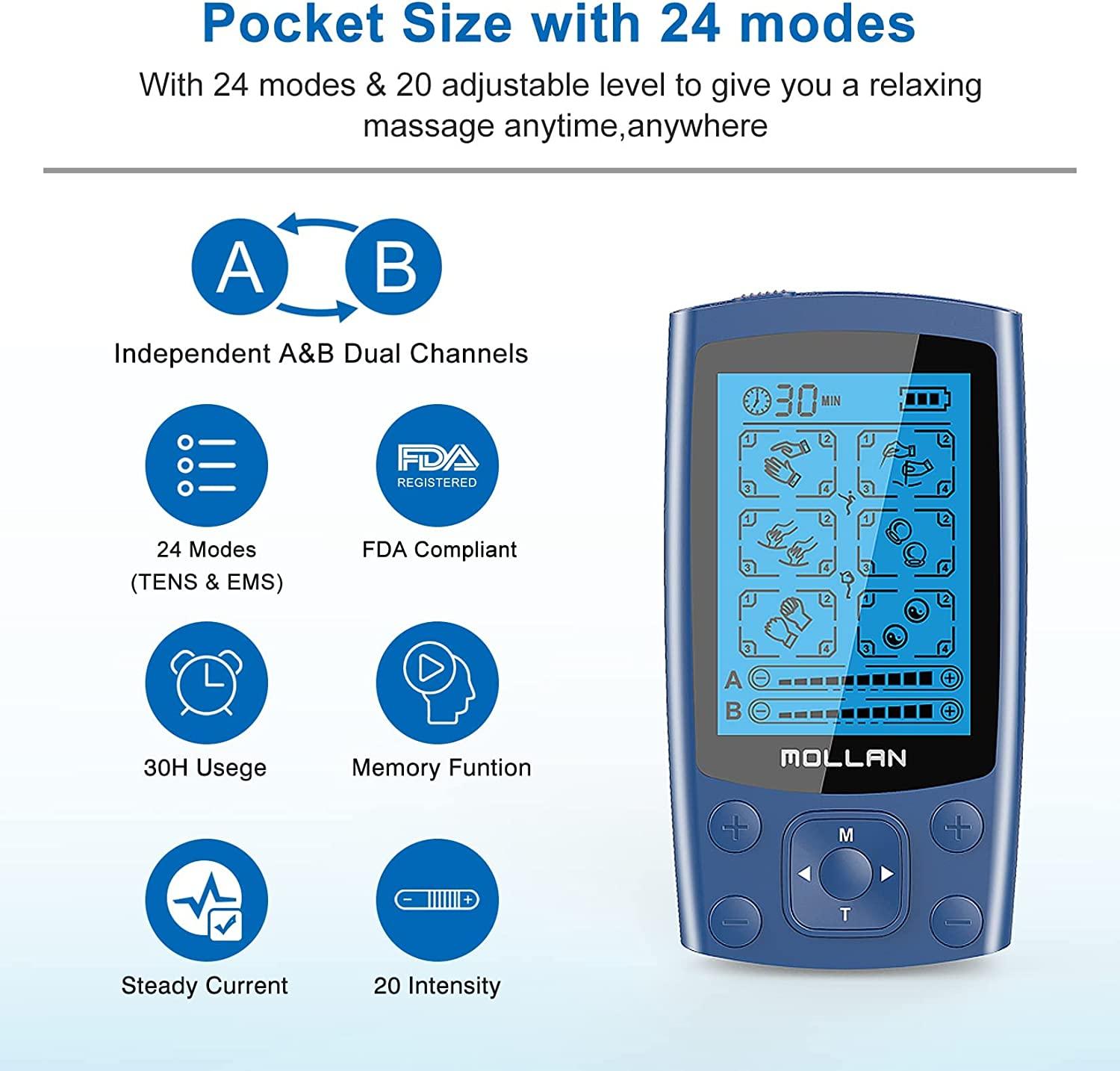 TENS Unit EMS Muscle Stimulator 24 Modes, Mollan Dual Channel Muscle Stimulator with 12