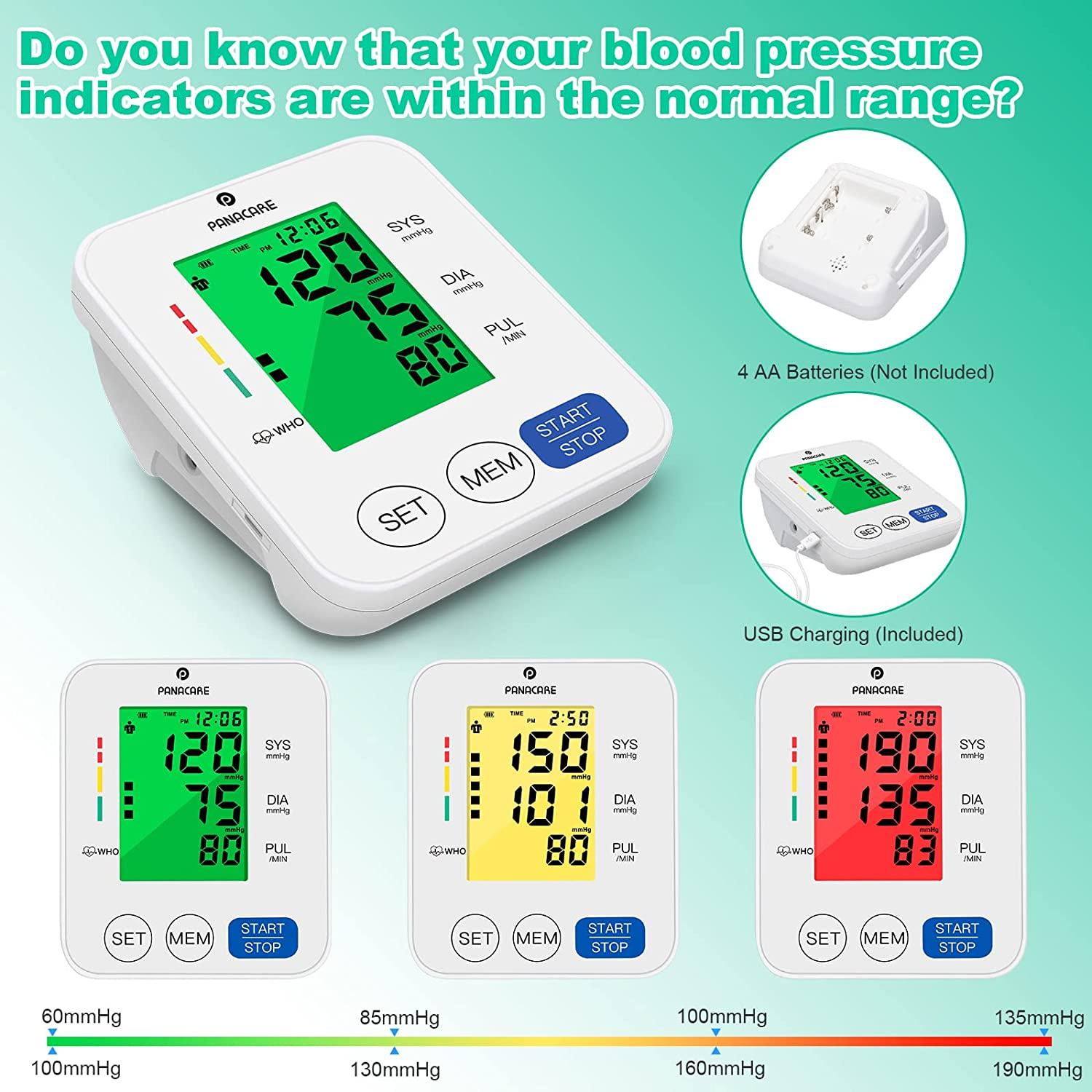 Blood Pressure Monitor PANACARE Automatic Upper Arm Machine Accurate  Adjustable Digital BP Cuff Kit 3.4'' Tri-Color Backlit Display Audio  Reading Heart Rate Indicator 8.7-16.5'' Blood Pressure Cuff