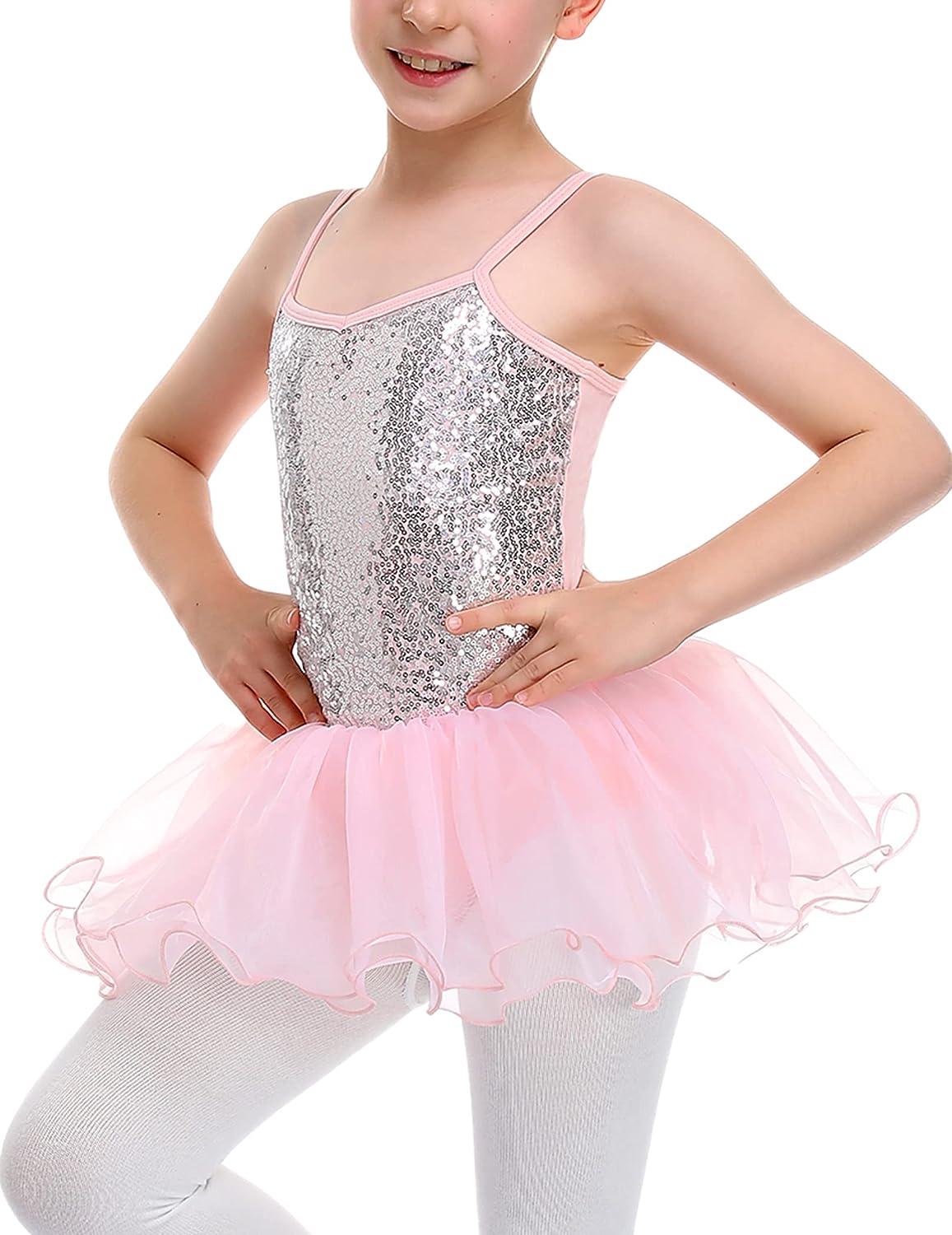 Flypigs Girls Sequin Ballet Tutu Dress Sparkly Leotard, Pink, 3-4T