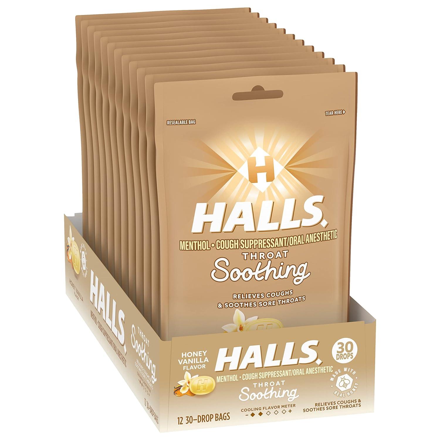 HALLS Throat Soothing Honey Vanilla Cough Drops 12 Bags of 30 Drops