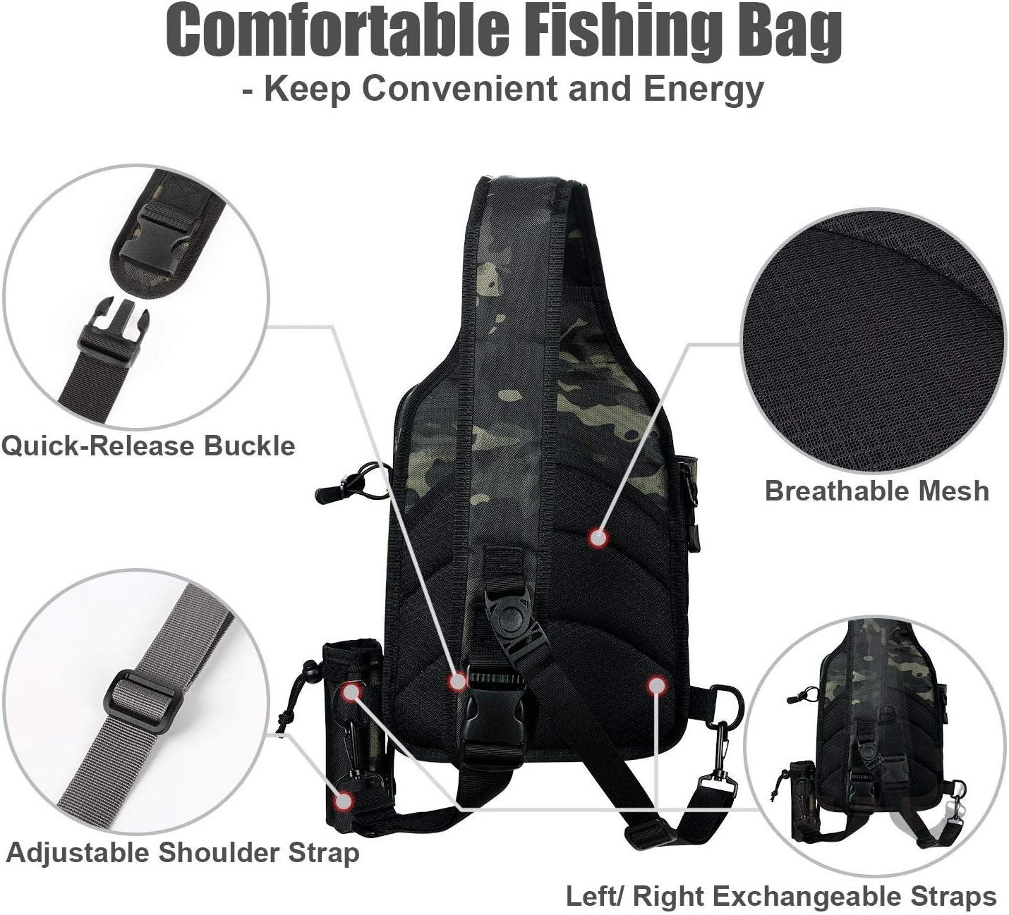 Rodeel Fishing Tackle Sling Shlouder Backpack with Fishing Rod Holder, Lure  Bag with/Without a Tray, Water Resistant & Weatherproof, Large Storage, for  Fly Fishing, Outdoor Sports, Camping, Hiking A.Black Camouflage-With a Tray