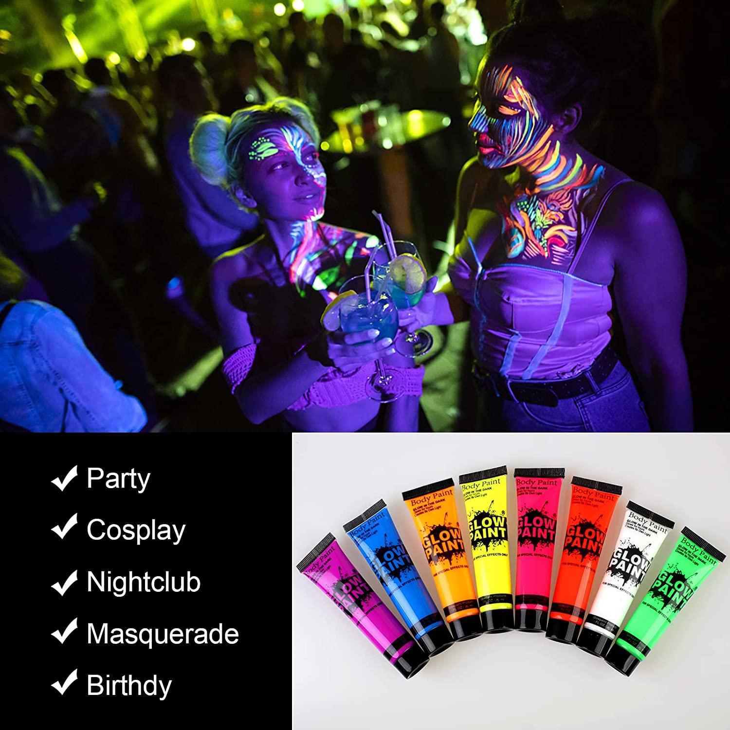 Lookmee UV Glow Blacklight Neon Face and Body Paint, 0.84oz Set of 8 Tubes  , UV Blacklight Neon Fluorescent, Glow in the Dark Face Body Paints,Glow in  Dark Party Supplies