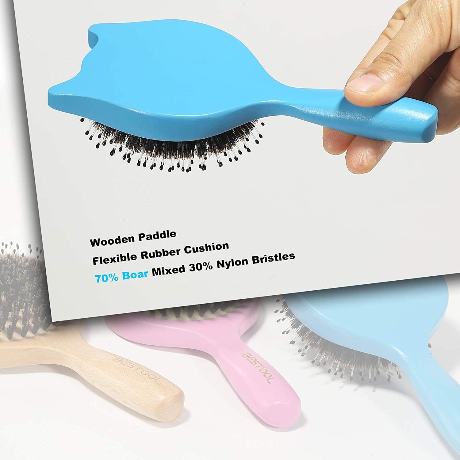 Hair Brush, BESTOOL Small Travel Hair Brushes for Women, Men or Kids,  Wooden Toddler Boar Bristle Hair Brush for Detangling, Defrizz, Distribute  Oil (Blue)